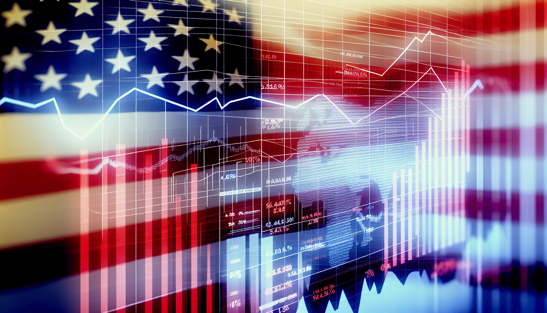 Stellen Sie sich eine grafische Darstellung eines amerikanischen Aktienfonds vor. Die Grafik zeigt die Performance des Aktienmarktes über die Zeit mit Auf- und Abwärtsbewegungen. Überlagert ist die amerikanische Flagge, um den Standort zu symbolisieren. nDie Visualisierung enthält visuelle Hinweise wie ein Tickerband mit Aktien-Symbolen, Preisen und prozentualen Veränderungen, um mehr Kontext zu bieten. Die Farben Rot, Weiß und Blau sind durchgehend konsistent, um Einheitlichkeit zu gewährleisten. nDie Darstellung ist minimalistisch und geschäftsorientiert, jedoch reich an finanziellen Details, indem sie komplexe Liniendiagramme oder Balkendiagramme integriert. Es werden keine Personen oder Unternehmen in der Grafik dargestellt.