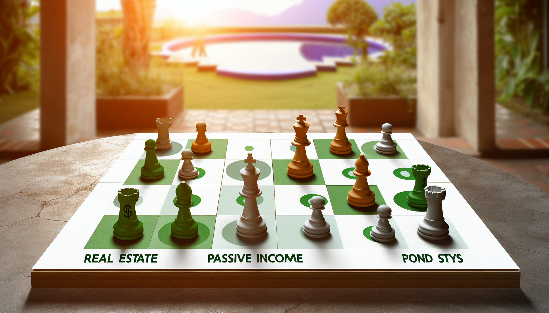 Eine metaphorische Darstellung von passivem Einkommen durch Strategie. Visualisieren Sie ein Schachbrett, auf dem jede Figur verschiedene Quellen passiven Einkommens reprÃ¤sentiert, wie Immobilien, Aktien, Anleihen und Tantiemen, strategisch positioniert fÃ¼r optimale ErtrÃ¤ge. Das Schachbrett befindet sich an einem ruhigen Ort, der einen passiven Lebensstil suggeriert, vielleicht auf einer Terrasse mit Blick auf einen friedlichen Garten im spÃ¤ten Nachmittagslicht.