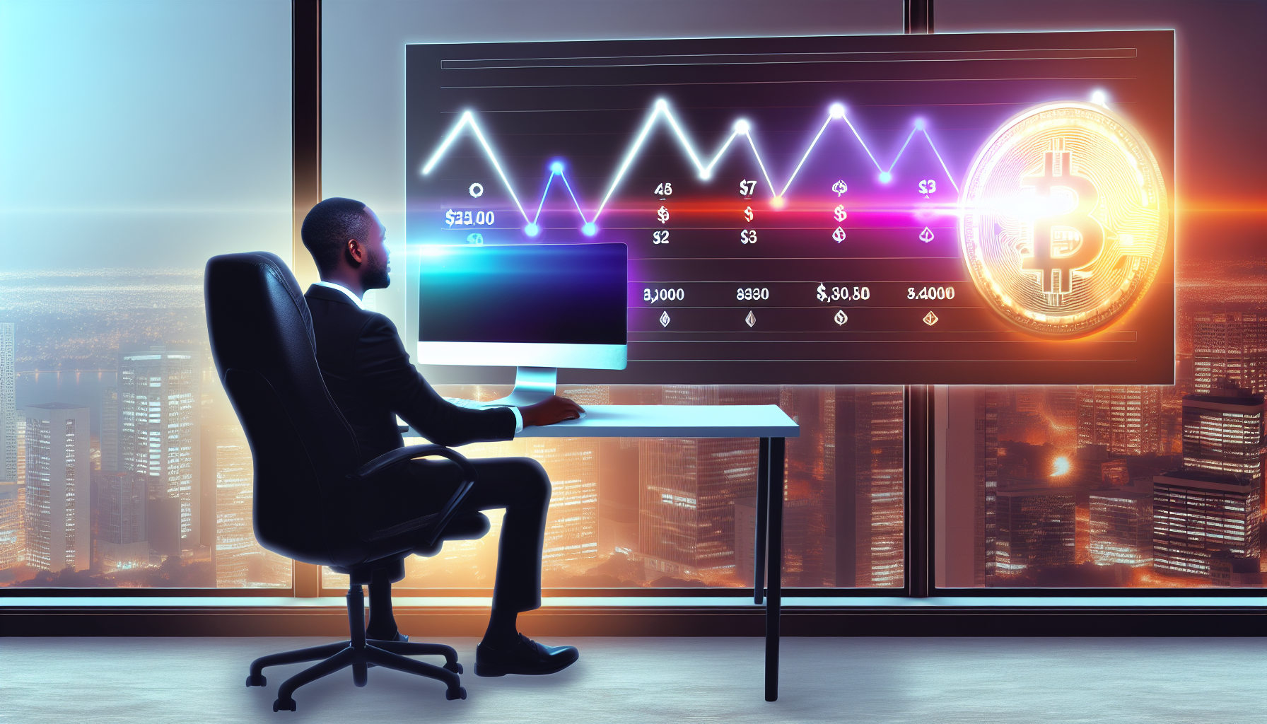 Eine Visualisierung des passiven Einkommens mit digitalen VermÃ¶genswerten. Sie zeigt eine futuristische Darstellung, in der die Werte und Raten digitaler VermÃ¶genswerte stÃ¤ndig steigen, mÃ¶glicherweise ein Hinweis darauf, dass sich eine Krypto-Brieftasche im Laufe der Zeit fÃ¼llt. Ein Mann, schwarz und in professioneller Kleidung, sitzt auf einem ergonomischen Stuhl und Ã¼berwacht die Statistiken an seinem Computer. Er wirkt entspannt und zufrieden und verkÃ¶rpert das Konzept des passiven Einkommens. Hinter ihm ist ein offenes Fenster zu sehen, das Wolkenkratzer zeigt, was darauf hindeutet, dass er dies aus seiner Wohnung in einem Hochhaus in einer pulsierenden Stadt tut.