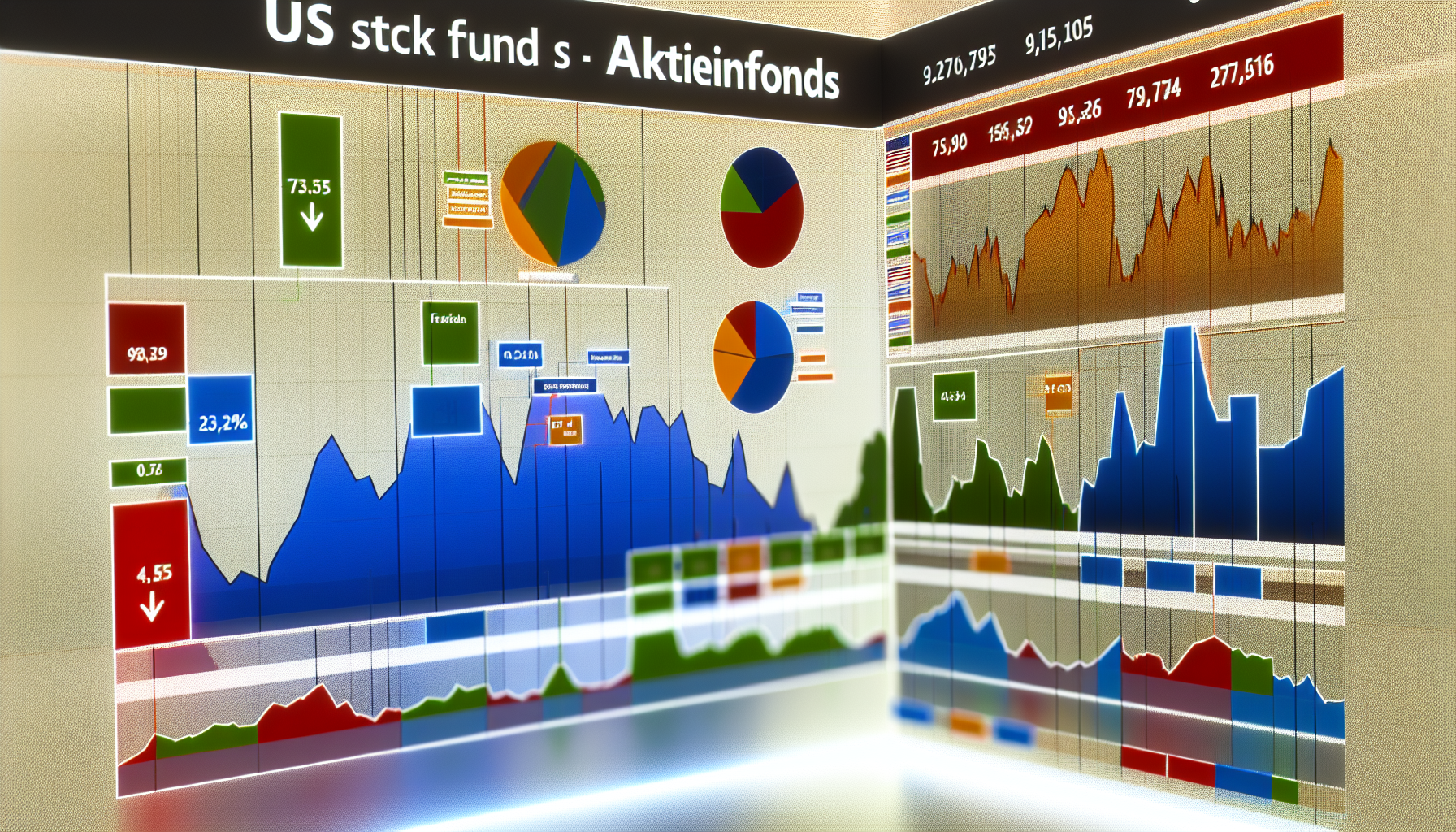 Eine detaillierte grafische Darstellung von US Aktienfonds, die eine Vielzahl von Aktien und deren Performance Ã¼ber die Zeit zeigt. Das Bild umfasst Balken- und Liniendiagramme, die Anstiege und RÃ¼ckgÃ¤nge bestimmter Aktien darstellen, sowie Kreisdiagramme, die die Verteilung verschiedener Aktienarten im Fonds anzeigen. Die Visualisierung ist farbenfroh und klar, sodass die Informationen leicht verstÃ¤ndlich sind. Es gibt Indikatoren fÃ¼r bedeutende Meilensteine und Ereignisse, die die Performance des Fonds beeinflusst haben.