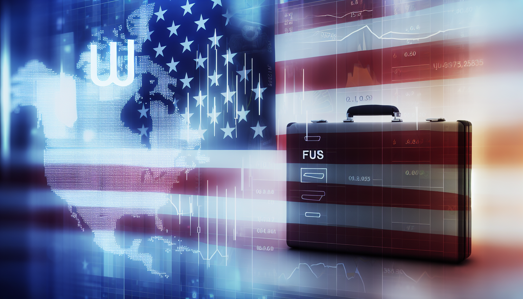 Eine visuelle Darstellung eines US-Aktienfonds. Das Bild sollte Symbole enthalten, die auf die Vereinigten Staaten und den Aktienmarkt hinweisen. Es könnte Elemente wie einen Aktenkoffer voller Finanzdokumente, Aktienmarktgrafiken, die US-Flagge oder andere verwandte Bilder umfassen. Die Stimmung ist ernst und professionell und spiegelt die Schwere finanzieller Investitionsentscheidungen wider.