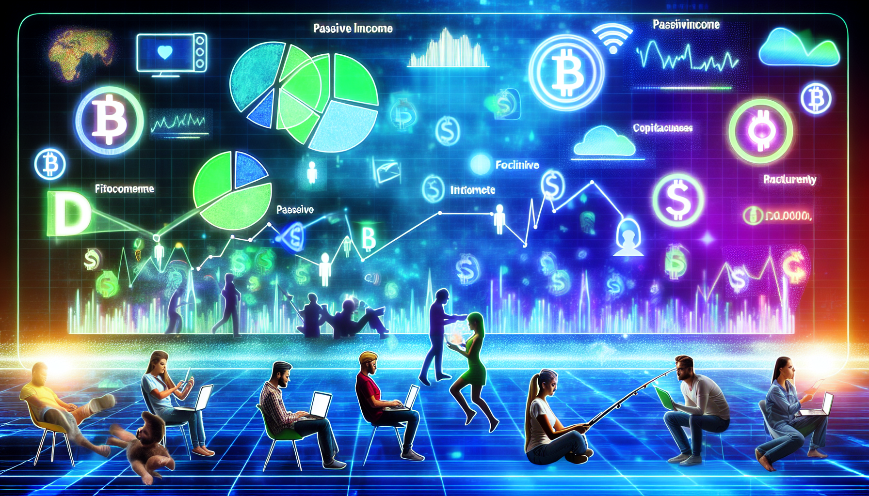 Visualisieren Sie ein Konzept, das die Generierung von passivem Einkommen durch digitale VermÃ¶genswerte darstellt. Es kÃ¶nnte eine vielfÃ¤ltige Gruppe von Menschen zeigen, die an ihren Laptops arbeiten, auf denen schwankende Grafiken, Tortendiagramme und Geldsymbole angezeigt werden. Diese reprÃ¤sentieren KryptowÃ¤hrungstransaktionen. Gleichzeitig sind diese Personen mit verschiedenen passiven AktivitÃ¤ten beschÃ¤ftigt, wie Lesen, Angeln oder einfach nur Entspannen, was den passiven Aspekt des Einkommens symbolisiert. Um den digitalen Aspekt darzustellen, kÃ¶nnen futuristische Elemente wie Neonlichter, holografische Schnittstellen und Virtual-Reality-Headsets integriert werden. Der Hintergrund kÃ¶nnte eine hochmoderne Umgebung sein, in der Displays Internet-, Signal- und Cloud-Symbole zeigen.