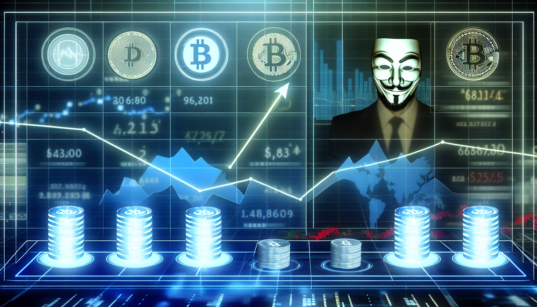 Ein Bild, das das Konzept des passiven Einkommens aus digitalen Vermögenswerten veranschaulicht. Dies umfasst eine Vielzahl von digitalen Währungen, die in einem futuristischen Dashboard angezeigt werden. Die Szene zeigt Grafiken mit steigenden Trends und Zahlenströme, die eingehende Transaktionen symbolisieren. Im Hintergrund ist auch eine anonyme Person, möglicherweise europäischer Abstammung, mit einem zufriedenen Ausdruck zu sehen, die ihre Einnahmen auf einem hochmodernen digitalen Bildschirm betrachtet.