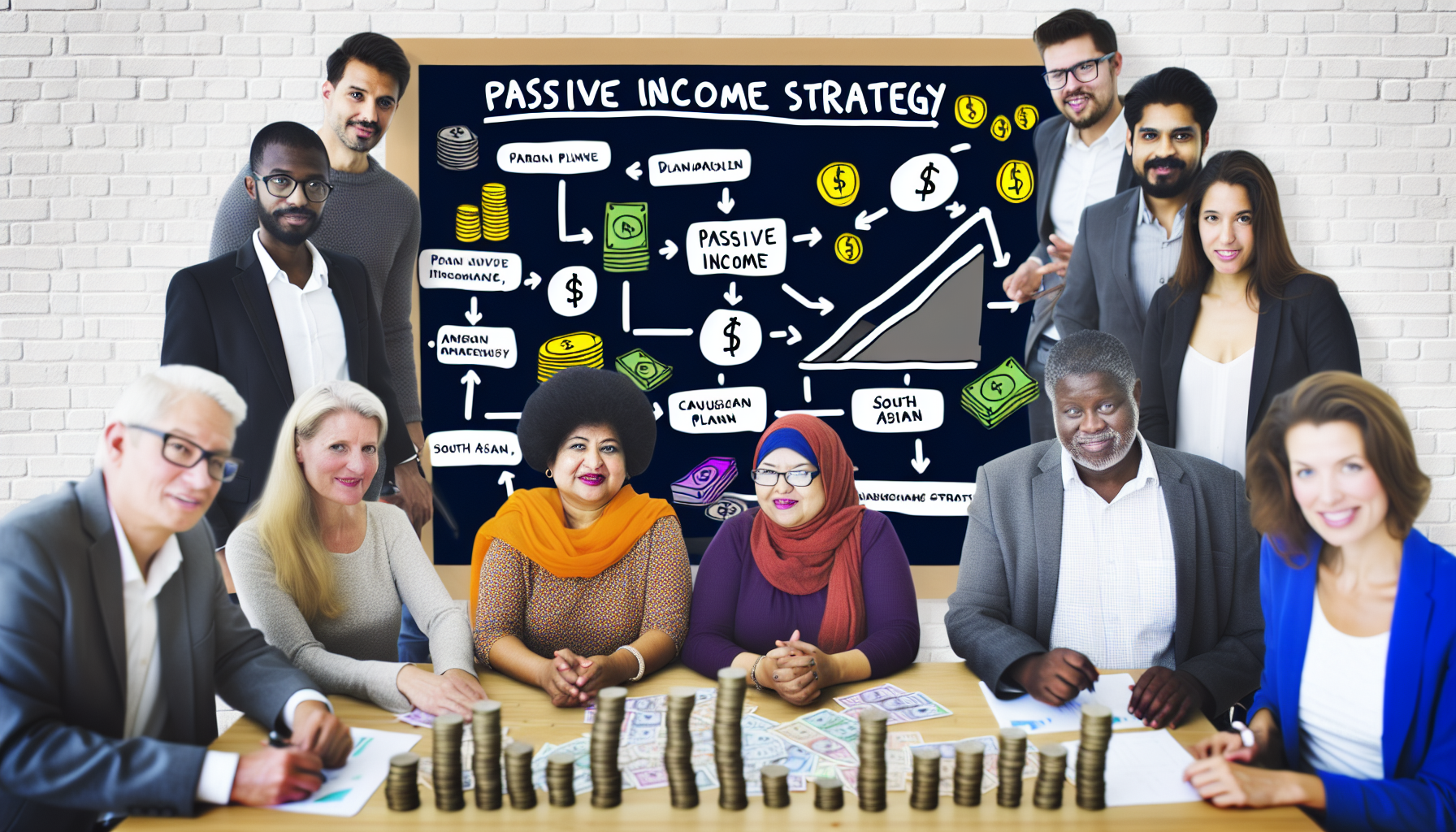 Ein Bild, das das Konzept des passiven Einkommens durch Strategie veranschaulicht. Es zeigt eine vielf&Atilde;&curren;ltige Gruppe von Menschen unterschiedlicher Herkunft, darunter Schwarze, Hispanics, S&Atilde;&frac14;dasianer, Menschen aus dem Nahen Osten und Kaukasier, sowohl M&Atilde;&curren;nner als auch Frauen, die um einen Tisch sitzen, der mit M&Atilde;&frac14;nzen und Bargeld gestapelt ist. Sie brainstormen &Atilde;&frac14;ber einen strategischen Plan, w&Atilde;&curren;hrend im Hintergrund ein Flussdiagramm an einer Tafel zu sehen ist, das die Strategie f&Atilde;&frac14;r passives Einkommen darstellt. Sie wirken zufrieden und begeistert von ihrem Plan.
