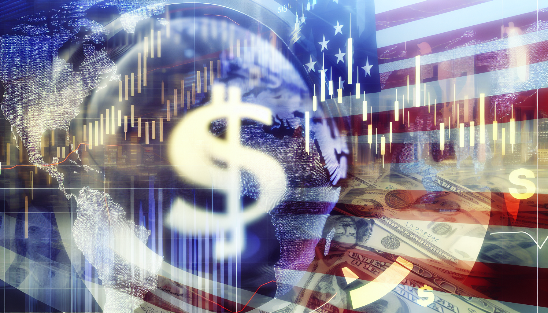 Eine visuelle Darstellung eines US-Aktienmarktfonds, die verschiedene Elemente zeigt, wie die schwankenden Graphlinien, die die Marktbewegungen anzeigen, Dollar-Symbole, Tortendiagramme, die die Diversifikation der Investitionen darstellen, und möglicherweise kurze Einblicke in die Wall Street oder das Gefühl eines geschäftigen Handelsraums. Das Bild konzentriert sich darauf, die schnelllebige, dynamische Welt der amerikanischen Aktieninvestitionen zu vermitteln und dabei sowohl die Risiken als auch die Chancen auf visuell ansprechende Weise auszubalancieren.