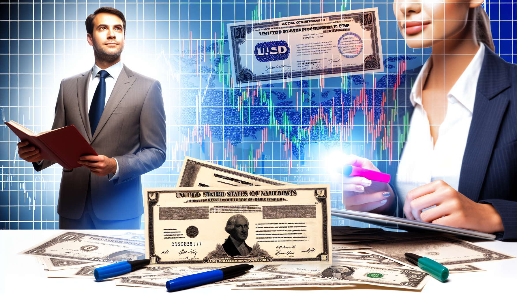 Eine visuelle Darstellung eines US-Aktienfonds, bestehend aus einer Vielzahl von Anlagezertifikaten, Aktienzertifikaten und verschiedenen Finanzdokumenten. Das Bild kÃ¶nnte auch einen Hintergrund mit einem Finanzmarktgraphen oder -diagramm enthalten, um das Konzept der finanziellen Investitionen zu verstÃ¤rken. Im Vordergrund analysiert ein kaukasischer mÃ¤nnlicher Finanzberater in einem formellen Anzug diese Dokumente, einen Textmarker in der Hand. Neben ihm ist eine hispanische Kollegin ebenfalls damit beschÃ¤ftigt, das Portfolio zu Ã¼berprÃ¼fen, wÃ¤hrend ihr Finger die Linie eines Aktienmarktgraphen auf einem digitalen Tablet nachzeichnet.