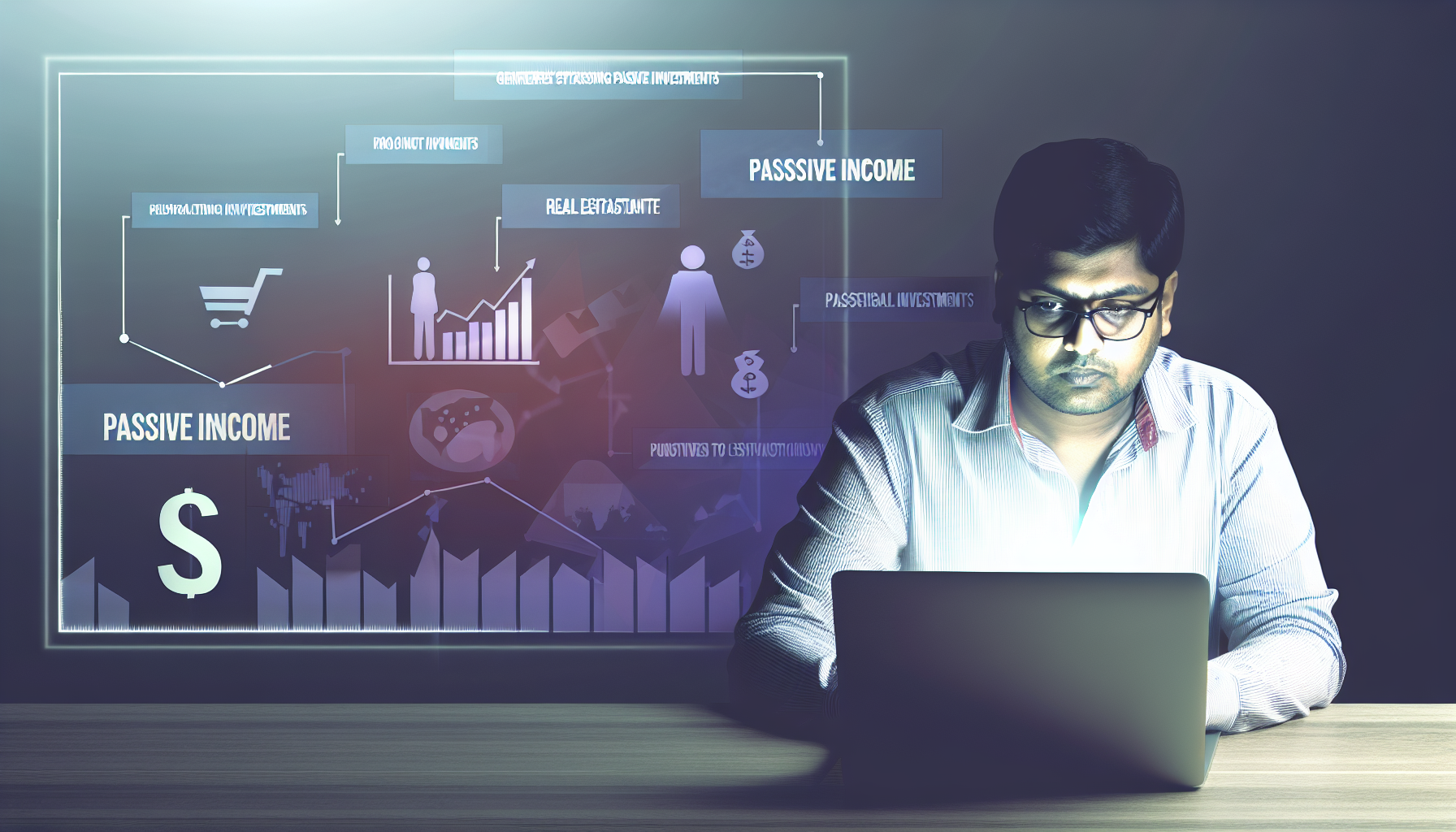 Ein illustriertes Konzept zur Generierung von passivem Einkommen durch strategische Investitionen. Zeigen Sie eine Person sÃ¼dasiatischer Abstammung, die an einem Tisch sitzt und einen Laptop mit Diagrammen betrachtet. Sein Gesicht zeigt Entschlossenheit und Konzentration. Im Hintergrund sind verschiedene Symbole, die Investitionen wie Aktien, Immobilien und Anleihen reprÃ¤sentieren, schwach sichtbar. Die gesamte AtmosphÃ¤re des Bildes sollte ruhig und fokussiert sein, um das strategische Denken zu betonen, das mit dem Aufbau von passiven EinkommensstrÃ¶men verbunden ist.