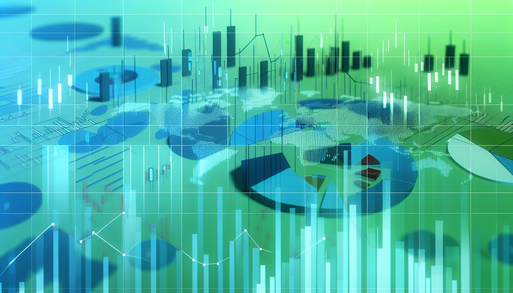 Visuelle Darstellung des Aktienmarktes mit vielen Grafiken und Diagrammen, die die Trends in US-Aktienfonds zeigen. Verwenden Sie beruhigende Farben wie GrÃ¼n und Blau, mit Elementen wie Balkendiagrammen, Liniendiagrammen und Kreisdiagrammen, die um das Bild verteilt sind. Vermeiden Sie direkte Verweise auf spezifische Unternehmen oder Personen.