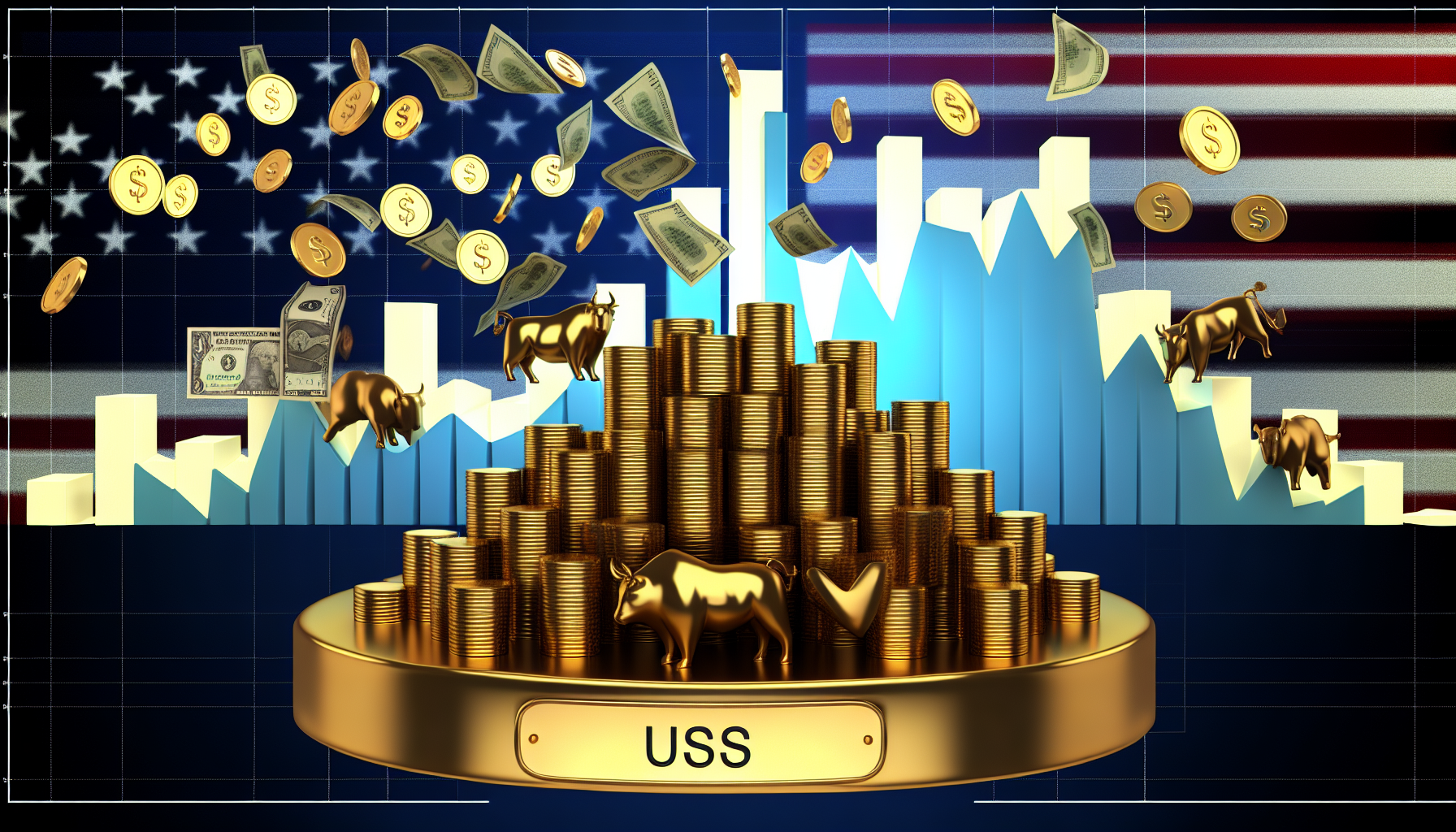 Eine Visualisierung eines US-Aktienfonds, dargestellt durch einen groÃŸen, Ã¼berquellenden Haufen goldener MÃ¼nzen, US-WÃ¤hrungsscheine und Symbole von Bullen und BÃ¤ren, vor einem Hintergrund mit aufsteigenden Graphenlinien, die Wachstum darstellen. Der Name des Fonds ist in fetten Buchstaben auf einer Messingplakette am unteren Rand deutlich beschriftet, wÃ¤hrend die amerikanische Flagge subtil im Hintergrund weht.