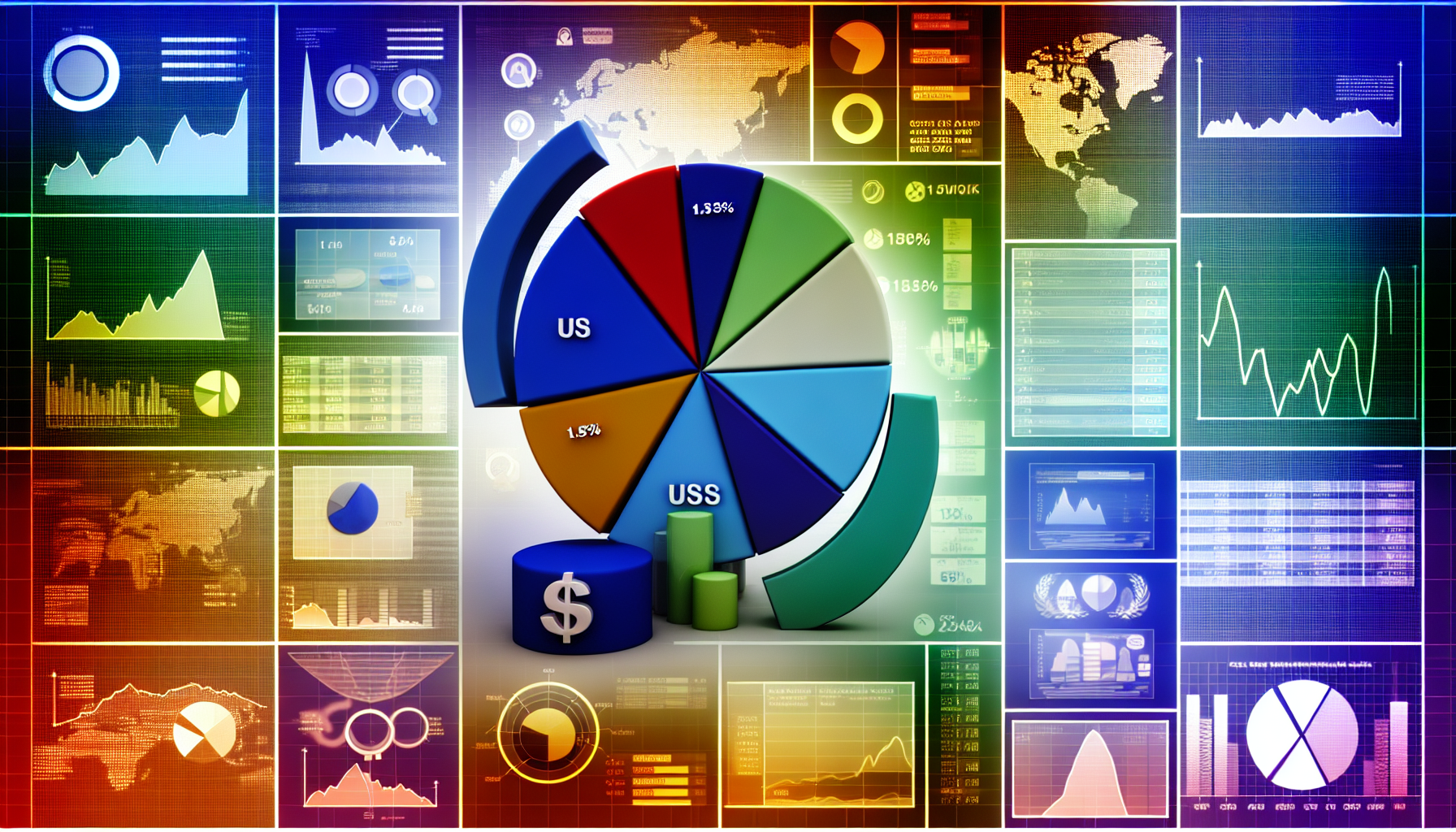 Eine ausgezeichnete Sammlung von in den USA ansÃ¤ssigen Aktienfonds, dargestellt in einer Vielzahl von unterschiedlich gefÃ¤rbten Tortendiagrammen und Diagrammen, die ein diversifiziertes Anlageportfolio veranschaulichen. Die DiagrammfÃ¤rbungen kÃ¶nnen von kÃ¼hlen TÃ¶nen wie Blau und GrÃ¼n reichen, die stabile und risikoÃ¤rmere Aktien reprÃ¤sentieren, bis hin zu wÃ¤rmeren TÃ¶nen wie Orange und Rot fÃ¼r risikoreichere und potenziell hÃ¶her rentierende Aktien. AuÃŸerdem sollten im Hintergrund einige finanzielle Symbole und Icons enthalten sein, um den Finanzmarkt darzustellen.