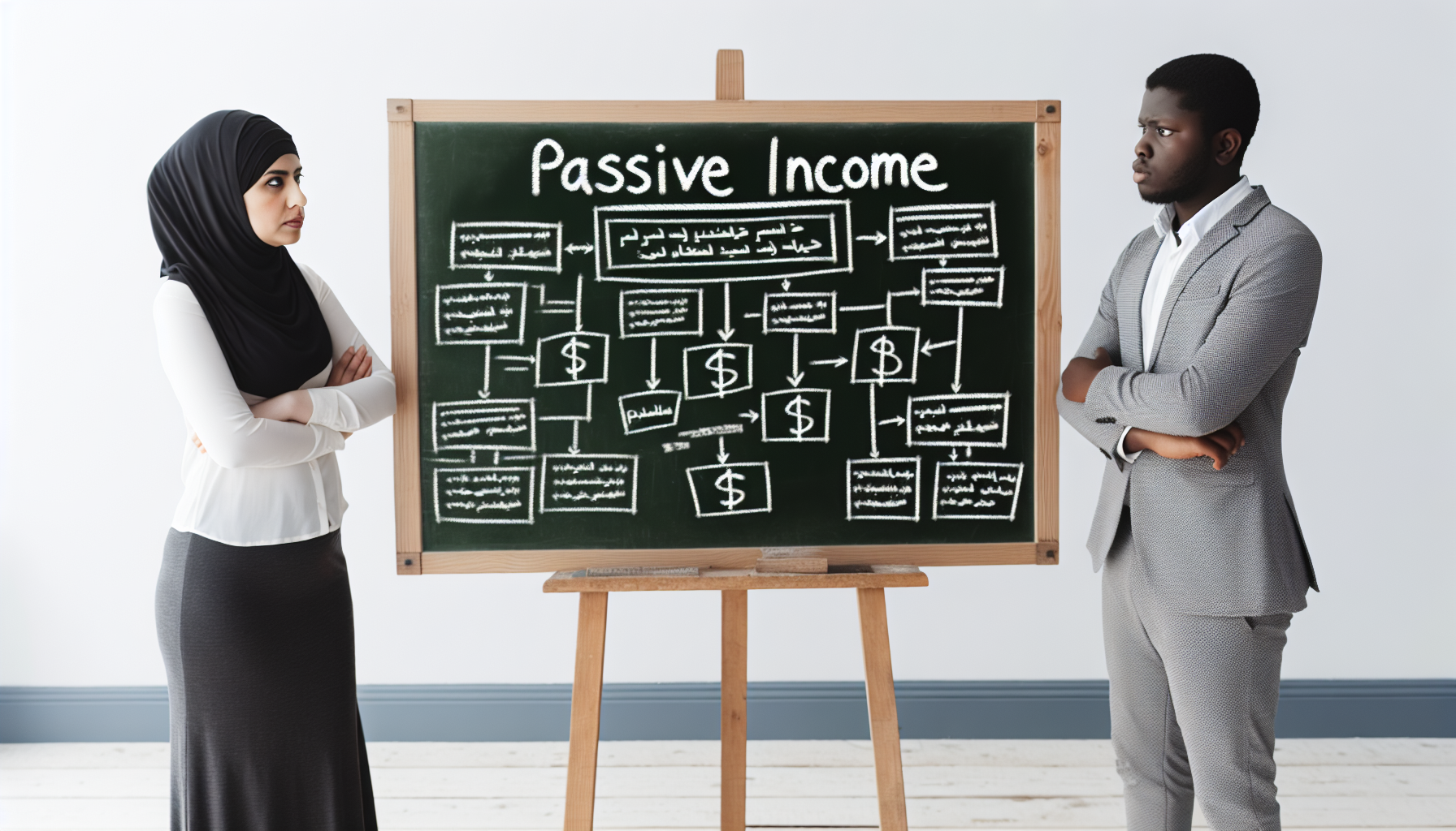 Ein Whiteboard, das ein ausgeklügeltes Strategiediagramm zur Erzielung eines passiven Einkommens zeigt. In einem gut beleuchteten Raum stehen zwei Personen neben dem Whiteboard: eine mittelöstliche Frau und ein afrikanischer Mann, beide in lässiger Geschäftskleidung, die das Board kritisch betrachten. Die Strategie umfasst Flussdiagramme, Grafiken und Notizen.