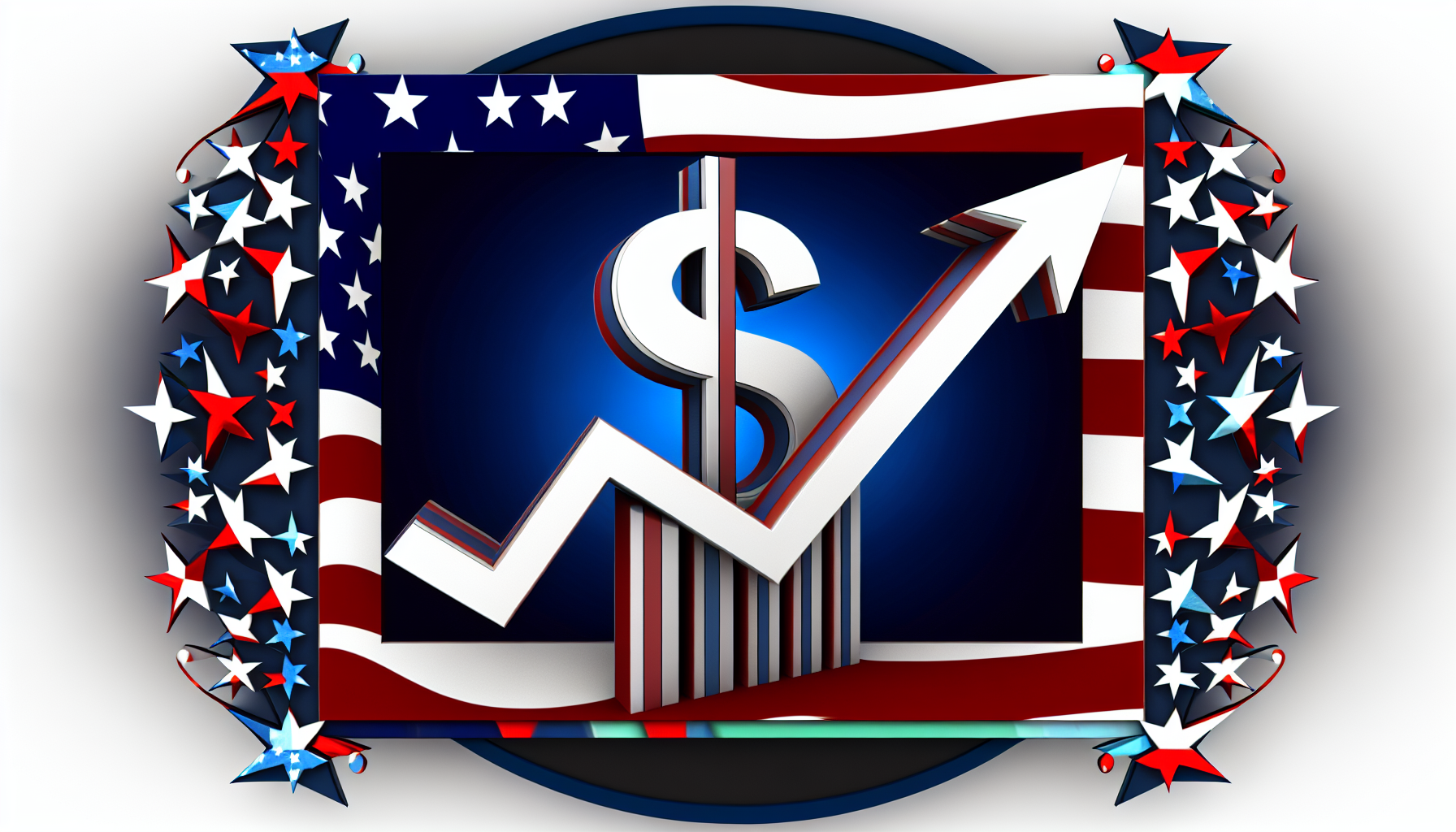 KÃ¼nstlerische Darstellung des Konzepts ausgezeichneter US-Aktienfonds, die ein aufsteigendes Diagramm vor dem Hintergrund eines Dollarzeichens zeigt, innerhalb eines stilisierten patriotischen Rahmens mit Elementen der Sterne und Streifen der US-Flagge.