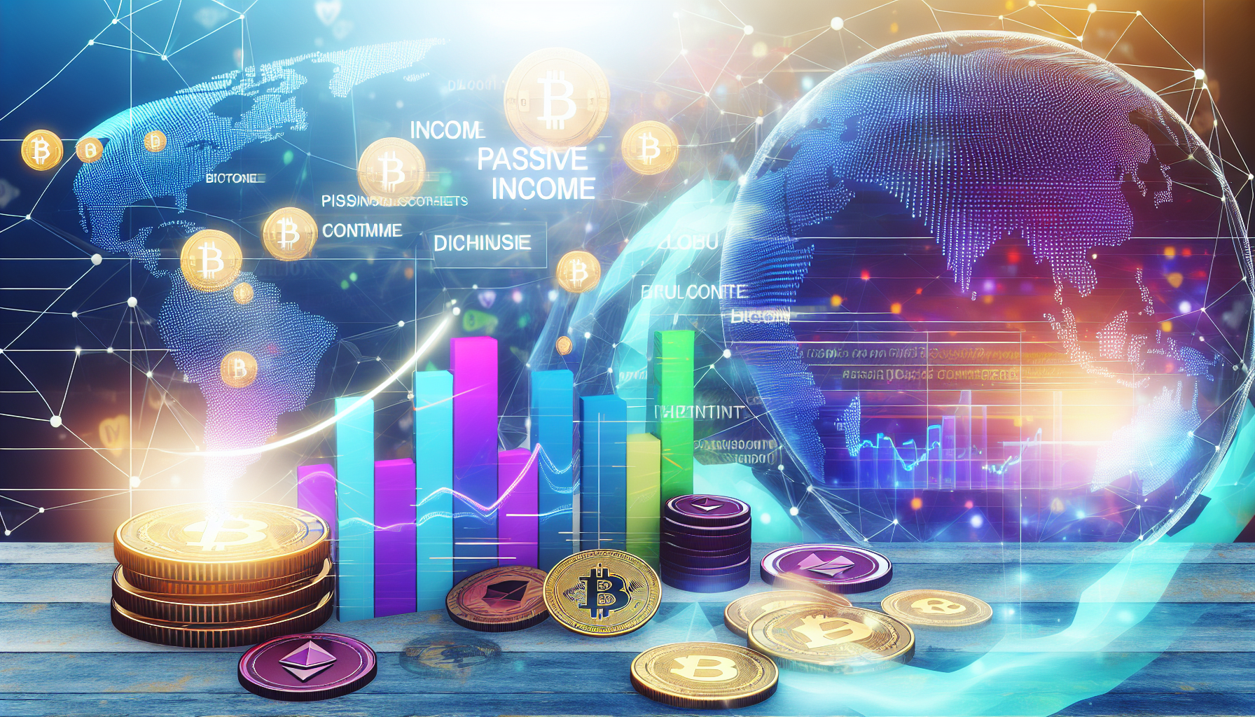 Ein konzeptionelles Bild, das passives Einkommen mit digitalen VermÃ¶genswerten darstellt. Es sollten verschiedene Elemente wie KryptowÃ¤hrungs-MÃ¼nzen wie Bitcoin und Ethereum, flieÃŸende StrÃ¶me digitaler Daten, die Einkommen reprÃ¤sentieren, sowie digitale Schnittstellen, die die Verwaltung von VermÃ¶genswerten symbolisieren, enthalten sein. AuÃŸerdem sollte ein ausgewogenes und farbenfrohes Balkendiagramm gezeigt werden, das das Wachstum des Einkommens darstellt. Im Hintergrund sollte eine Weltkugel zu sehen sein, die die globale Reichweite symbolisiert. Die gesamte AtmosphÃ¤re sollte PositivitÃ¤t, Wachstum und Wohlstand in der digitalen Wirtschaft widerspiegeln.