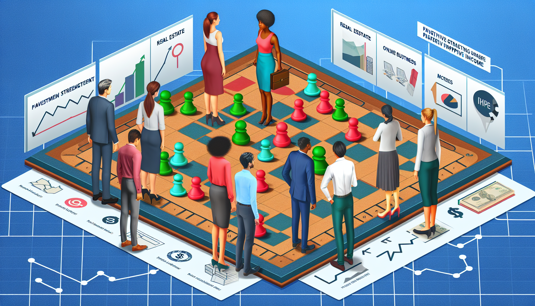 Eine Illustration, die das Konzept des passiven Einkommens durch Strategie darstellt. Das Bild zeigt eine vielfÃ¤ltige Gruppe von Menschen, die um ein groÃŸes Brettspiel stehen. Das Spielbrett veranschaulicht verschiedene Anlagestrategien wie Immobilien, Aktien und Online-GeschÃ¤fte. Es gibt einen kaukasischen Mann in einem formellen Anzug, eine afrikanische Frau in lÃ¤ssiger Kleidung, einen asiatischen Mann in Schulkleidung und eine mittelÃ¶stliche Frau, die wie eine Hochschulprofessorin gekleidet ist. Sie analysieren alle das Spiel und planen ihre ZÃ¼ge sorgfÃ¤ltig, was das strategische Denken verkÃ¶rpert, das erforderlich ist, um passives Einkommen zu generieren.