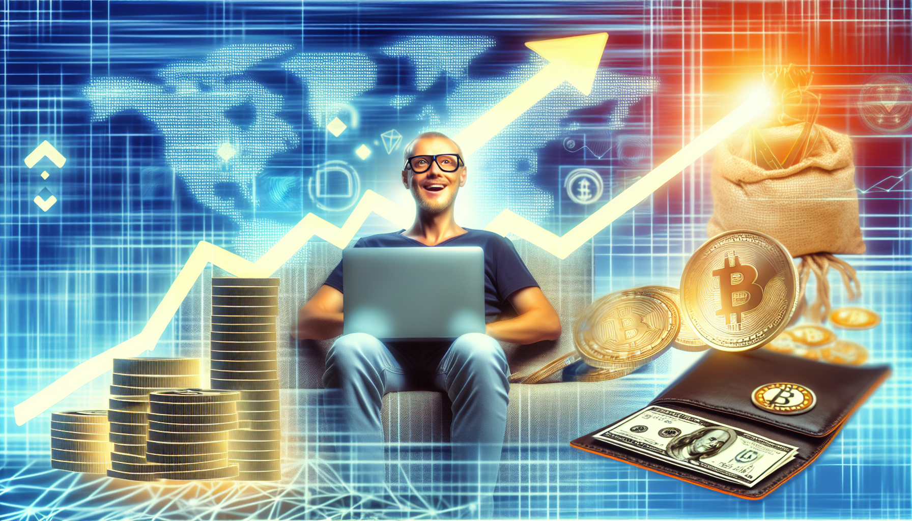 Ein detailliertes Bild, das das Konzept der passiven Einkommensgenerierung durch digitale VermÃ¶genswerte darstellt. Dies umfasst einen Computerbildschirm, der steigende Grafiken und KryptowÃ¤hrungssymbole zeigt, sowie eine entspannte Person, einen kaukasischen Mann mit Brille, der auf einem Sofa mit einem Laptop sitzt und Geld verdient, ohne aktiv zu arbeiten. Eine digitale Brieftasche ist ebenfalls sichtbar, Ã¼berfÃ¼llt mit digitalen MÃ¼nzen. Der Hintergrund enthÃ¤lt abstrakte Darstellungen von Internet- und Technologiesymbolen.
