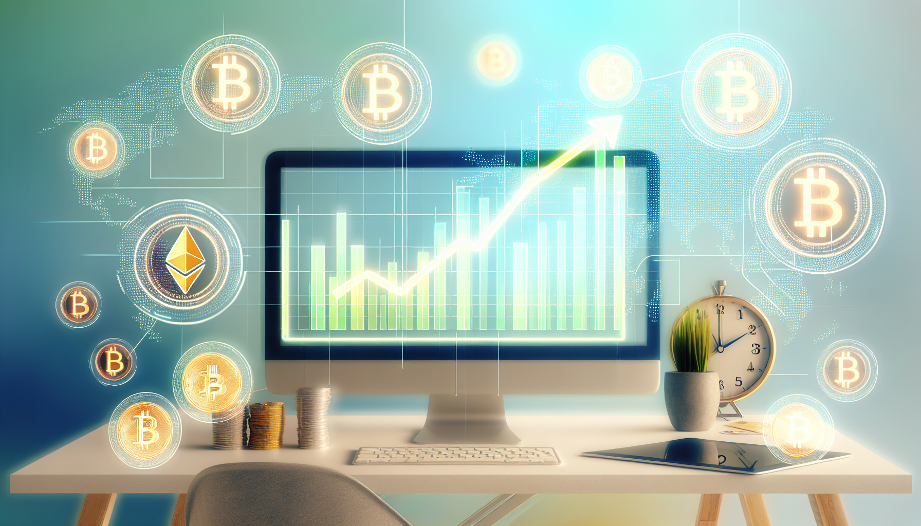 Stellen Sie sich das Konzept der Generierung von passivem Einkommen durch digitale VermÃ¶genswerte vor. Visualisieren Sie eine helle, moderne Arbeitsumgebung, in der ein Computer einen wachsenden Chart anzeigt, der den Anstieg des digitalen Wohlstands symbolisiert. In der NÃ¤he befinden sich verschiedene Symbole fÃ¼r KryptowÃ¤hrungen wie Bitcoin, Ethereum und andere. Auf der anderen Seite des Schreibtisches steht eine digitale Uhr, die die Echtzeitgewinne anzeigt. Die sanften FarbtÃ¶ne von Blau und GrÃ¼n vermitteln ein GefÃ¼hl von Ruhe und Wohlstand. FÃ¼gen Sie ein bedeutendes Symbol hinzu, wie einen Geldbaum oder Ã¼berflieÃŸende GoldmÃ¼nzen, das den stÃ¤ndigen Fluss von passivem Einkommen darstellt.
