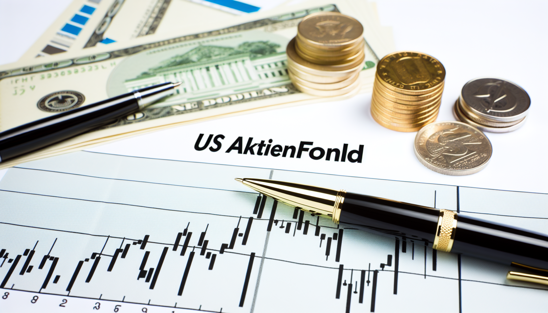 Bild eines visuell detaillierten US Aktienfonds. FÃ¼gen Sie visuelle Elemente hinzu, die typischerweise einen Aktienfonds darstellen, wie ein Diagramm mit einer steigenden Linie, einen Stapel MÃ¼nzen, Dollarnoten und einen eleganten Stift auf einem Tisch. Die Worte 'US Aktienfonds' sollten deutlich in fetten Buchstaben sichtbar sein.