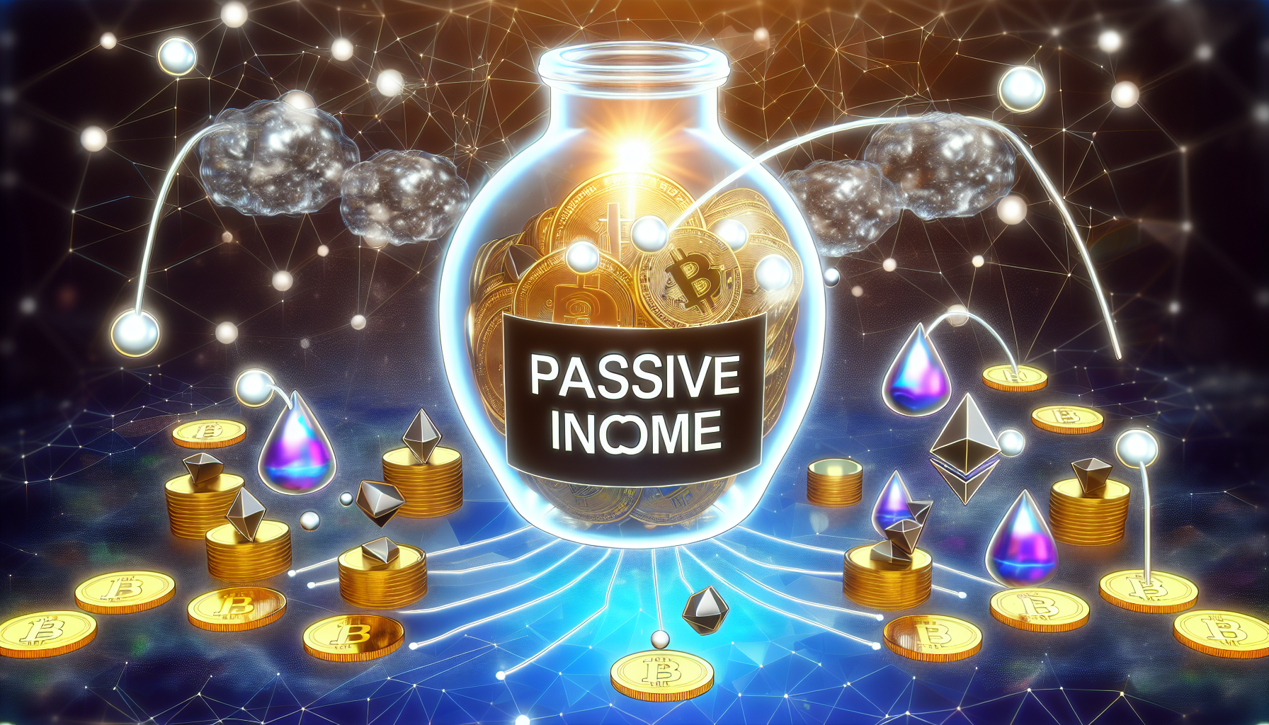 Visualisieren Sie das Konzept des passiven Einkommens durch digitale VermÃ¶genswerte. Das Bild sollte eine Vielzahl von digitalen WÃ¤hrungen wie Bitcoin, Ether und Litecoin darstellen, die als glÃ¤nzende, strahlende MÃ¼nzen dargestellt werden. DarÃ¼ber hinaus sollten einige kleine, transparente StrÃ¶me in ein groÃŸes digitales GefÃ¤ÃŸ mit der Aufschrift 'Passives Einkommen' flieÃŸen. Um dieses digitale GefÃ¤ÃŸ herum sollten Symbole des Reichtums wie kleine Goldbarren und glÃ¤nzende Perlen angeordnet sein. Im Hintergrund sollte ein komplexes Netzwerk von verbundenen Knoten zu sehen sein, um die Blockchain-Technologie zu symbolisieren, die diesen digitalen VermÃ¶genswerten zugrunde liegt.