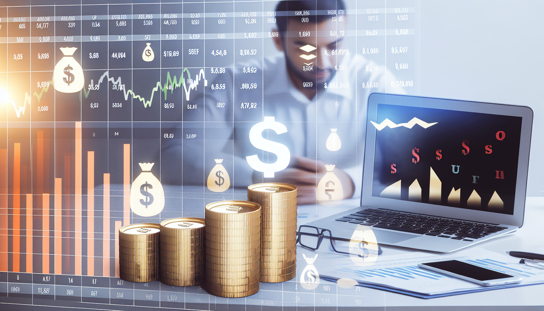 Eine Sammlung von leistungsstarken US-Aktienfonds, dargestellt in Form eines Graphen oder Diagramms, das die Werte, die Leistung und das Wachstum im Laufe der Zeit hervorhebt. Die Szene k&Atilde;&para;nnte auch Investitionsdokumente, einen Laptop mit Aktienanalysen und Symbole, die die US-Wirtschaft repr&Atilde;&curren;sentieren, wie das Dollarzeichen oder das Wall-Street-Schild, enthalten. Ein verantwortungsbewusster Finanzberater, der die Informationen betrachtet, sollte anwesend sein; er sollte ein Mann aus dem Nahen Osten in professioneller Kleidung sein.