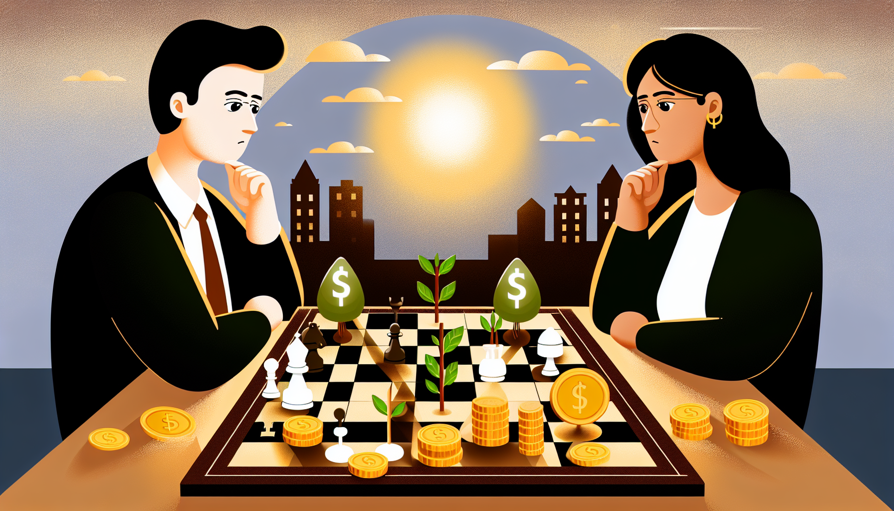 Eine Illustration, die passives Einkommen durch Strategie darstellt. Diese kÃ¶nnte einen kaukasischen Mann und eine mittelÃ¶stliche Frau zeigen, die ein herausforderndes Brettspiel, wie Schach, spielen, mit symbolischen Elementen wie wachsenden GeldbÃ¤umen und GebÃ¤uden auf dem Spielbrett. Der Mann und die Frau wÃ¤ren tief in Gedanken versunken und studieren das Brett, was strategisches Denken reprÃ¤sentiert. Das Brettspiel selbst wÃ¼rde auf einem Meer aus MÃ¼nzen schweben, was den Reichtum anzeigt, der durch ihre strategischen Entscheidungen generiert wird. Der Hintergrund kÃ¶nnte eine tief stehende Sonne zeigen, die die Szene beleuchtet und den Verlauf der Zeit veranschaulicht.