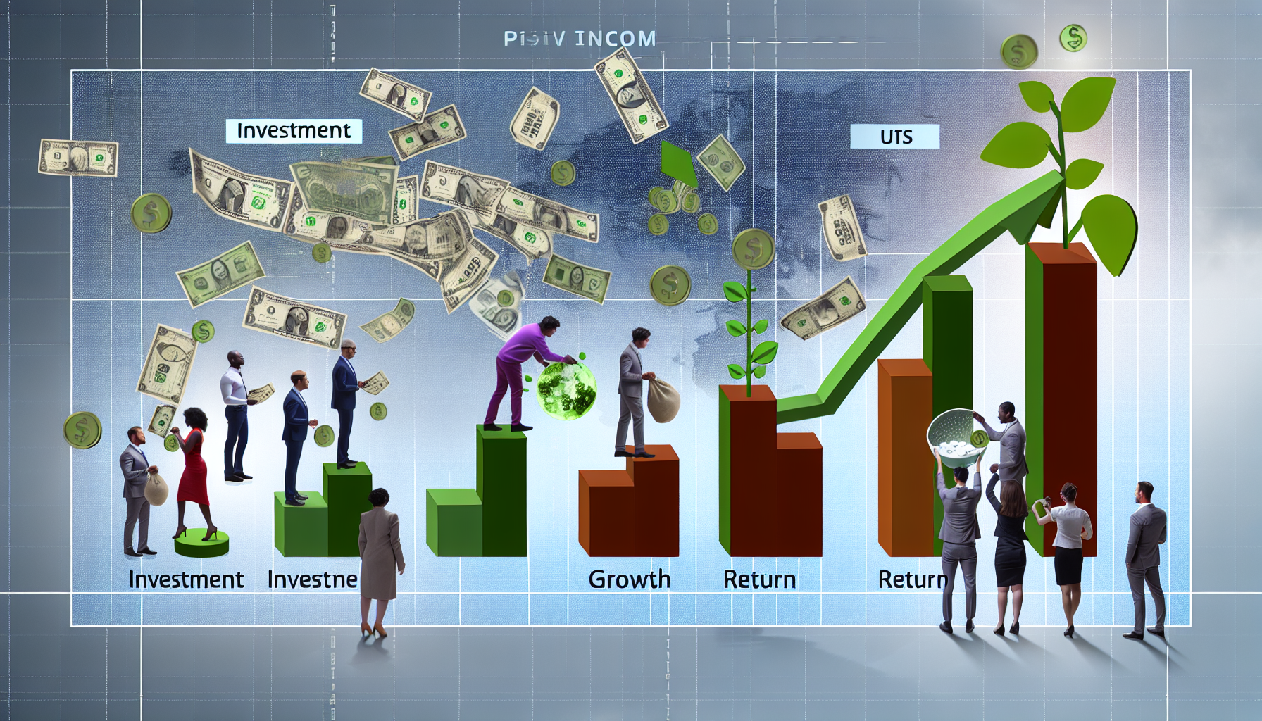 Ein Diagramm, das eine strukturierte Strategie zur Erzielung von passivem Einkommen zeigt. Das Diagramm ist in mehrere Phasen unterteilt, die mit den Bezeichnungen: Investition, Wachstum und RÃ¼ckkehr versehen sind. Auf der linken Seite des Diagramms ist eine vielfÃ¤ltige Gruppe von Menschen dargestellt, die Geld in ein Symbol fÃ¼r Investitionen stecken. In der Mitte wÃ¤chst eine Pflanze, die das Wachstum symbolisiert. Auf der rechten Seite fallen Geldscheine wie Regen, was die RÃ¼ckflÃ¼sse oder passives Einkommen symbolisiert. Rund um das Diagramm sind auch verschiedene WÃ¤hrungen als Symbole zu sehen, die die globale Anwendbarkeit der Strategie zeigen.