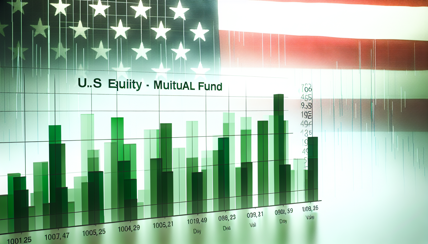 Visuelle Darstellung eines US-Aktienfonds. Stellen Sie sich ein Balkendiagramm vor, das die Performance des Fonds &Atilde;&frac14;ber die Zeit zeigt, mit Daten auf der x-Achse und dem Wert auf der y-Achse. Die Balken sind &Atilde;&frac14;berwiegend gr&Atilde;&frac14;n, was Wachstum darstellt, mit einigen roten Balken, die gelegentliche R&Atilde;&frac14;ckg&Atilde;&curren;nge anzeigen. Der Hintergrund zeigt ein schwaches Wasserzeichen der amerikanischen Flagge.