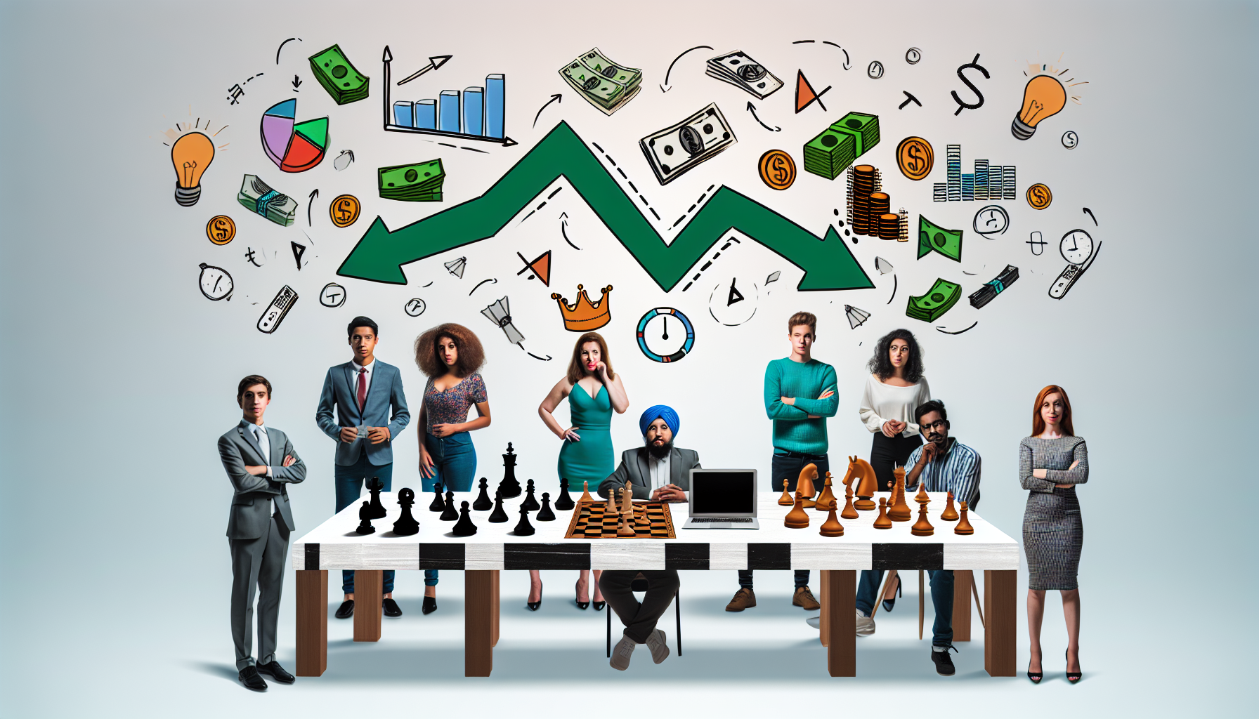 Eine Konzeptillustration, die die Idee des passiven Einkommens durch Strategie zeigt. Eine vielf&Atilde;&curren;ltige Gruppe von Menschen, bestehend aus einer kaukasischen Frau, einem hispanischen Mann, einer mittel&Atilde;&para;stlichen Frau und einem s&Atilde;&frac14;dasiatischen Mann, versammelt sich um einen gro&Atilde;Ÿen Tisch, der mit Strategiespielen - Schach, Dame, Risiko - bedeckt ist. Geldsymbole schweben nach oben und symbolisieren den passiven Einkommensstrom. Einige Seitenelemente k&Atilde;&para;nnten verschiedene B&Atilde;&frac14;cher zur finanziellen Bildung, einen Laptop mit einem Diagramm, das steigendes Einkommen zeigt, und eine Uhr, die die Idee vermittelt, dass Zeit Geld ist, umfassen.