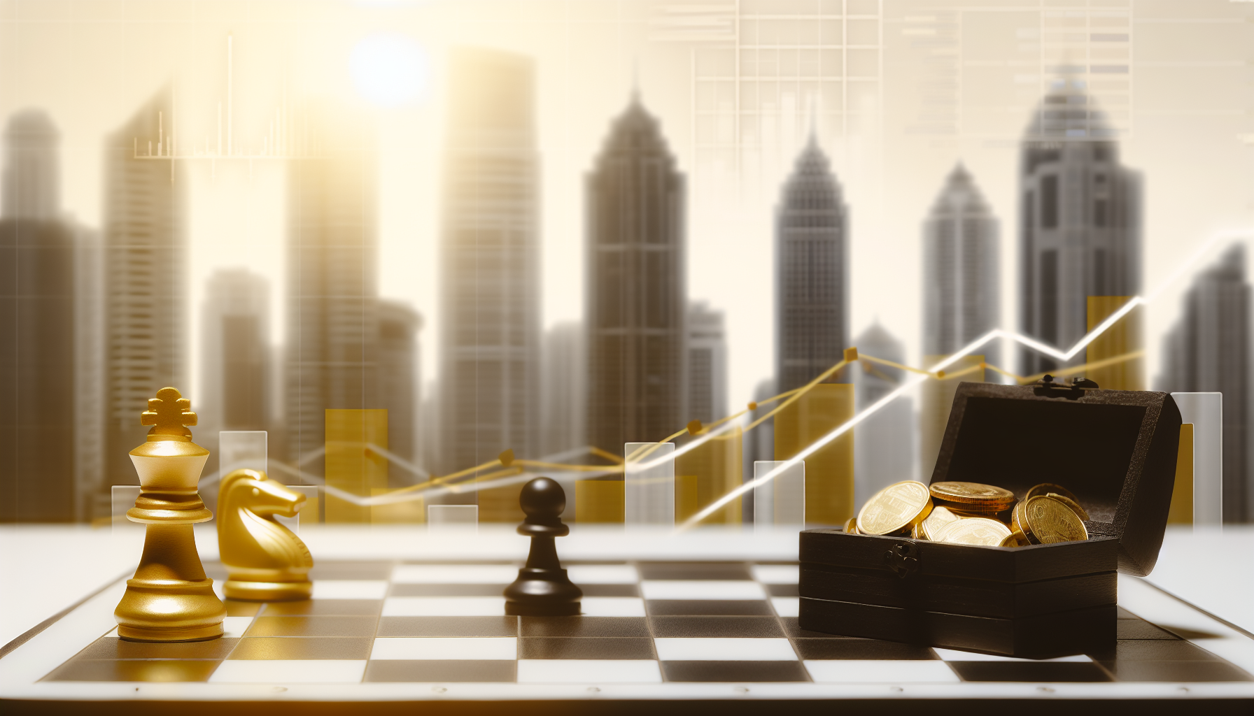 Eine abstrakte Darstellung von passivem Einkommen durch Strategie. Zeigen Sie ein ordentlich angeordnetes Schachbrett vor der Kulisse von hoch aufragenden Wolkenkratzern, die urbanen Reichtum symbolisieren. Schwere Goldm&Atilde;&frac14;nzen rollen vom Schachbrett in eine kleine, &Atilde;&frac14;berquellende Schatzkiste, was finanziellen Erfolg andeutet. Die Beleuchtung ist sanft, finanziell thematisierte Objekte wie Grafiken und Taschenrechner sind subtil im Hintergrund pr&Atilde;&curren;sent. Die zentrale Figur, ein kaukasischer Schachk&Atilde;&para;nig, ist strategisch auf dem Brett positioniert, neben einer schwarzen Dame, was kluge Strategie und vielf&Atilde;&curren;ltige Partnerschaft widerspiegelt.