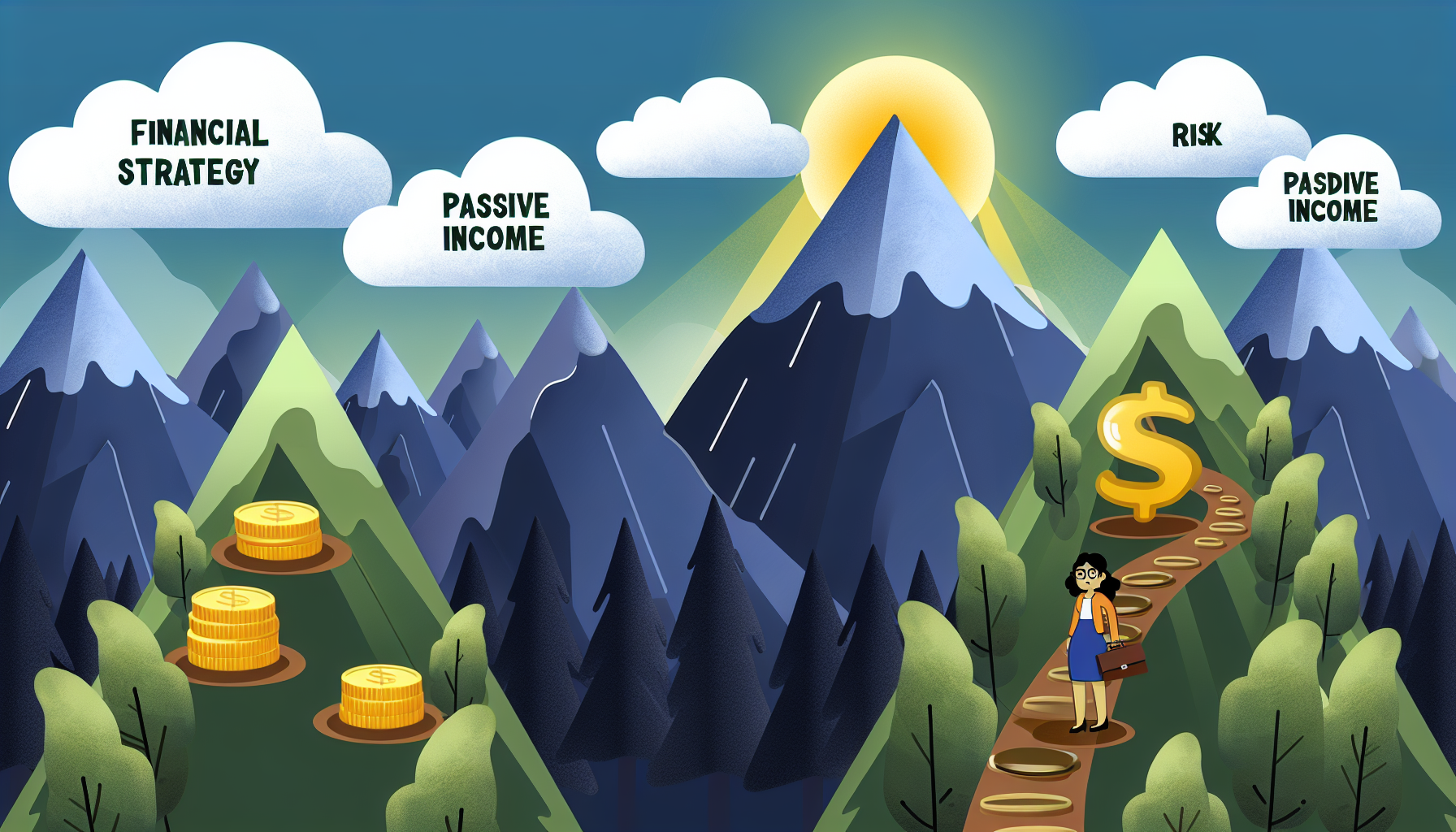 Eine Illustration einer finanziellen Strategie, die wie ein Berg aussieht und zu passivem Einkommen f&Atilde;&frac14;hrt, dargestellt durch goldene M&Atilde;&frac14;nzen an der Spitze. Der Berg ist von einem dichten Wald umgeben, der verschiedene finanzielle H&Atilde;&frac14;rden und Risiken symbolisiert. Auf der Bodenebene steht eine entschlossene s&Atilde;&frac14;dasianische Frau mit Brille und Aktentasche, bereit, ihren Aufstieg zu beginnen. Dar&Atilde;&frac14;ber schweben Wolken in Form von Dollarzeichen, die das Ziel der Reise signalisieren. Eine helle Sonne wirft Schatten auf den Berg und deutet auf den Verlauf der Zeit hin.