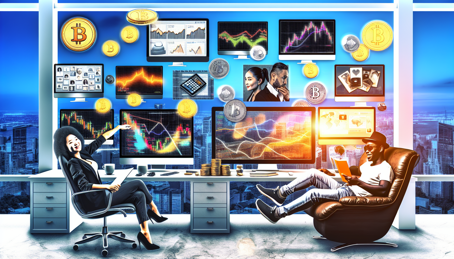 Eine visuelle Darstellung der passiven Einkommensgenerierung mit digitalen VermÃ¶genswerten. Stellen Sie sich eine vielfÃ¤ltige Reihe von Computerbildschirmen vor, die verschiedene Arten von digitalen VermÃ¶genswerten zeigen - KryptowÃ¤hrungen, digitale Kunst, E-Books, Online-Kurse usw. Auf der einen Seite des Raumes Ã¼berwacht eine asiatische Frau aktiv die Bildschirme und analysiert Diagramme. Auf der anderen Seite genieÃŸt ein schwarzer Mann einen entspannten Lebensstil - er liest ein Buch und nippt an einem Kaffee, was die passive Natur des Einkommens reprÃ¤sentiert. Der Raum ist mit Elementen gefÃ¼llt, die Wohlstand und Erfolg suggerieren - ein plÃ¼schiger Ledersessel, ein gut beleuchteter Schreibtisch und ein Panoramafenster mit Blick auf eine pulsierende Stadt.
