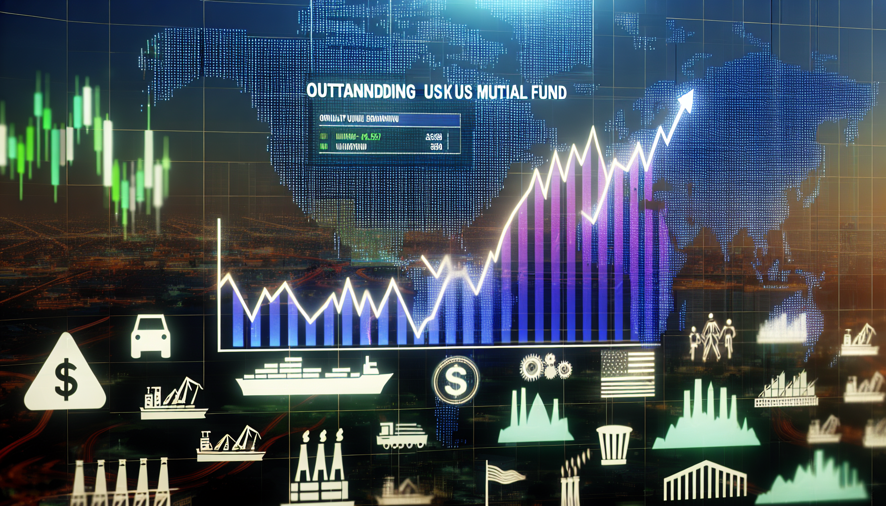 Eine Ansicht eines herausragenden US-Aktienfonds, dargestellt als aufsteigendes Diagramm auf einem digitalen Bildschirm, umgeben von verschiedenen Symbolen der Industrie und Wirtschaft. Ein bullisches Diagramm zeigt eine solide Leistung an, und der Bildschirm ist umgeben von Bildern wie Fabriken, Frachtschiffen und Wolkenkratzern, die verschiedene Sektoren reprÃ¤sentieren.