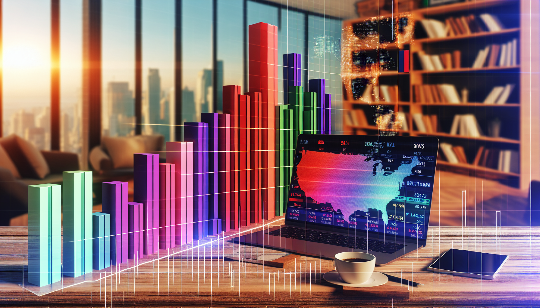 Ein gut performierender Aktienfonds der Vereinigten Staaten wird als 3D-Balkendiagramm in lebhaften Farben dargestellt. Das Diagramm umfasst verschiedene Sektoren wie Technologie, Gesundheitswesen, Finanzen und andere. Die höchsten Balken repräsentieren die erfolgreichsten Sektoren. Das Diagramm steht auf einem Holztisch neben einem modernen Laptop, der Live-Daten des Aktienmarktes anzeigt, und einer Tasse dampfenden Kaffees. Der Raum um den Tisch ist mit Bücherregalen gefüllt, die zahlreiche finanzbezogene Bücher enthalten. Ein großes Fenster im Hintergrund bietet einen Blick auf die pulsierende Skyline der Stadt, die im Glanz des Sonnenuntergangs erstrahlt.