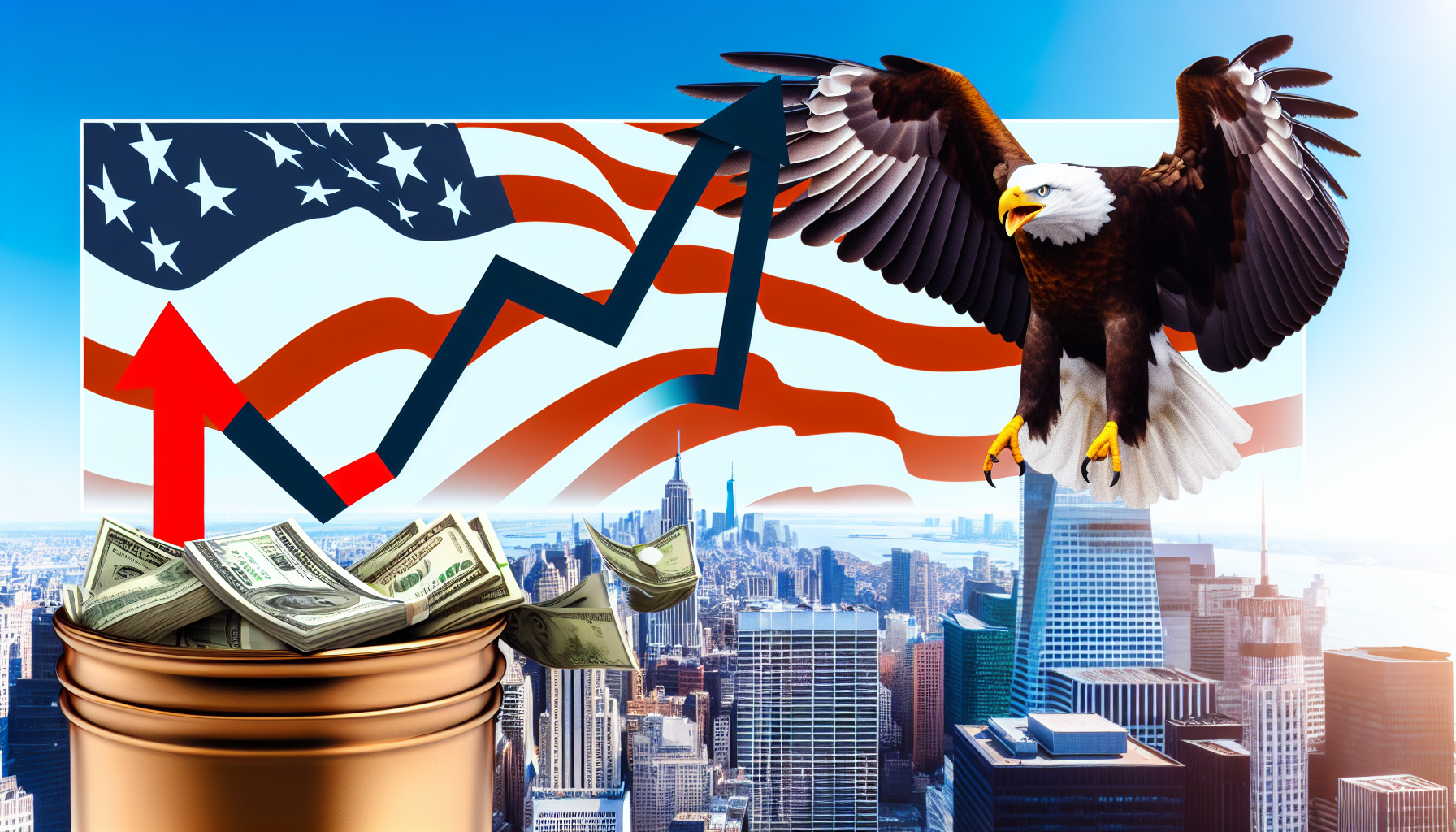 Ein hervorragender US-Aktienfonds, symbolisiert durch einen starken und selbstbewussten Adler, der Ã¼ber die Wolkenkratzer der Wall Street schwebt, in seinen Krallen ein BÃ¼ndel Dollar-Scheine und ein Finanzdiagramm mit aufsteigender Tendenz haltend, alles vor dem Hintergrund der amerikanischen Flagge.
