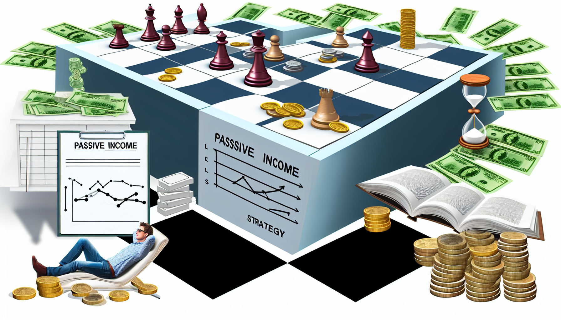 Eine konzeptionelle Darstellung von passivem Einkommen durch Strategie. Die Grafik umfasst wichtige Themen wie ein Schachbrett mit strategisch platzierten Figuren, Stapel von MÃ¼nzen, die den VermÃ¶gensaufbau symbolisieren, und Elemente, die einen kontinuierlichen Geldfluss andeuten, wie eine Sanduhr mit Geld. Ein leeres Hauptbuch oder ein Strategie-Dokument kÃ¶nnte vorhanden sein, um Planung und Weitblick zu suggerieren, wÃ¤hrend Buchsymbole auf das Erlernen von finanziellen Strategien hinweisen. Um den passiven Aspekt zu betonen, kÃ¶nnte eine entspannte Person, die bequem liegt, dargestellt werden, was das Fehlen aktiver Arbeit symbolisiert.
