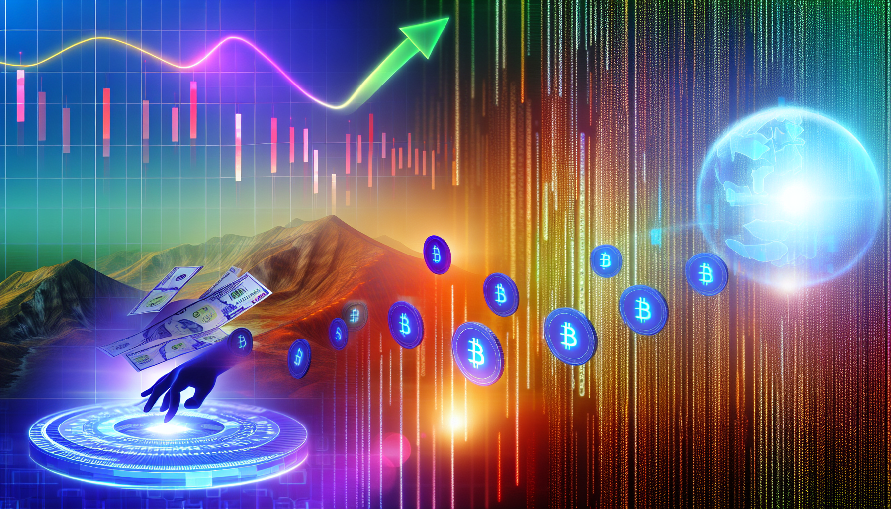 Stellen Sie das Konzept der Generierung von passivem Einkommen mit digitalen Vermögenswerten dar. Zeigen Sie eine futuristische digitale Landschaft mit Strömen von Binärcode, die digitale Vermögenswerte symbolisieren. Stellen Sie eine virtuelle Hand dar, die diese digitalen Münzen einsammelt, während sie durch die Landschaft fließen und sich in physische Geldscheine verwandeln. Außerdem sollte im Hintergrund ein regenbogenfarbener Graph dargestellt werden, der nach oben zeigt, um steigende Gewinne zu repräsentieren. Achten Sie darauf, dass die Szene zukünftige Technologie und Fülle widerspiegelt.
