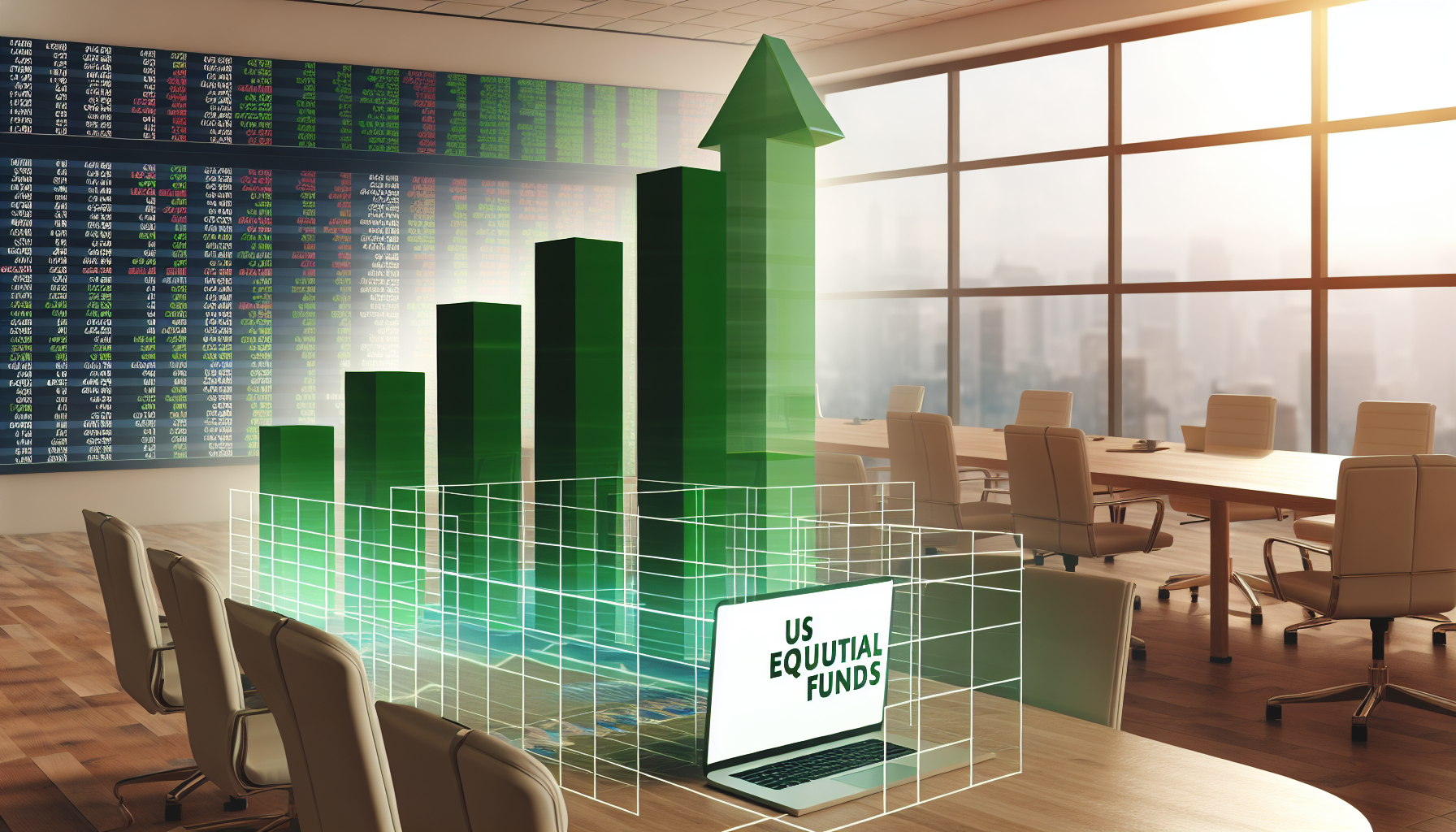 Ein Bild, das das Konzept von US-Aktienfonds darstellt, dargestellt durch eine Reihe von 3D-SÃ¤ulendiagrammen, die das Wachstum Ã¼ber die Zeit zeigen. Die Umgebung ist ein BÃ¼ro mit finanziellen Daten, die auf einem groÃŸen Bildschirm im Hintergrund angezeigt werden, und einem Tisch mit einem Laptop im Vordergrund. Die Diagramme sind grÃ¼n, um Wachstum zu symbolisieren, und sie steigen aus einer virtuellen RealitÃ¤tsschnittstelle, die vom Laptop ausgeht. Bitte stellen Sie die Szene tagsÃ¼ber dar, mit Sonnenlicht, das durch die BÃ¼rofester strÃ¶mt und warmes Licht Ã¼ber die Szene wirft.