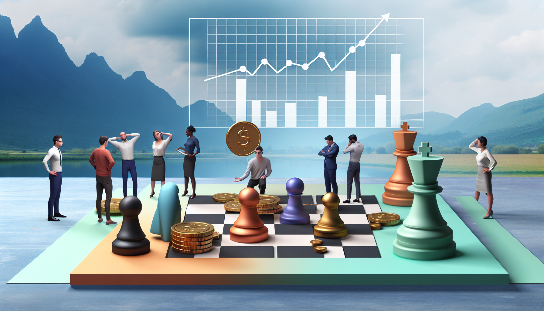 Eine Szene, die das Konzept des passiven Einkommens durch Strategie darstellt. Ein dreidimensionales Schachbrett steht auf einem Tisch. M&Atilde;&frac14;nzen verschiedener W&Atilde;&curren;hrungen sind als Schachfiguren ausgestellt, was verschiedene Einkommensstr&Atilde;&para;me symbolisiert. Eine vielf&Atilde;&curren;ltige Gruppe von Figuren brainstormt &Atilde;&frac14;ber bevorstehende Z&Atilde;&frac14;ge, was strategische Planung repr&Atilde;&curren;sentiert. Der Hintergrund projiziert eine ruhige und friedliche Landschaft, die den Frieden des passiven Einkommens andeutet. Ein Einkommensdiagramm, das im Laufe der Zeit ansteigt, h&Atilde;&curren;ngt an der Wand und verk&Atilde;&para;rpert Wachstum. Abgesehen von den konzentrierten Gesichtsausdr&Atilde;&frac14;cken der Gruppe ist alles andere passiv, was mit der Idee des passiven Einkommens korreliert.