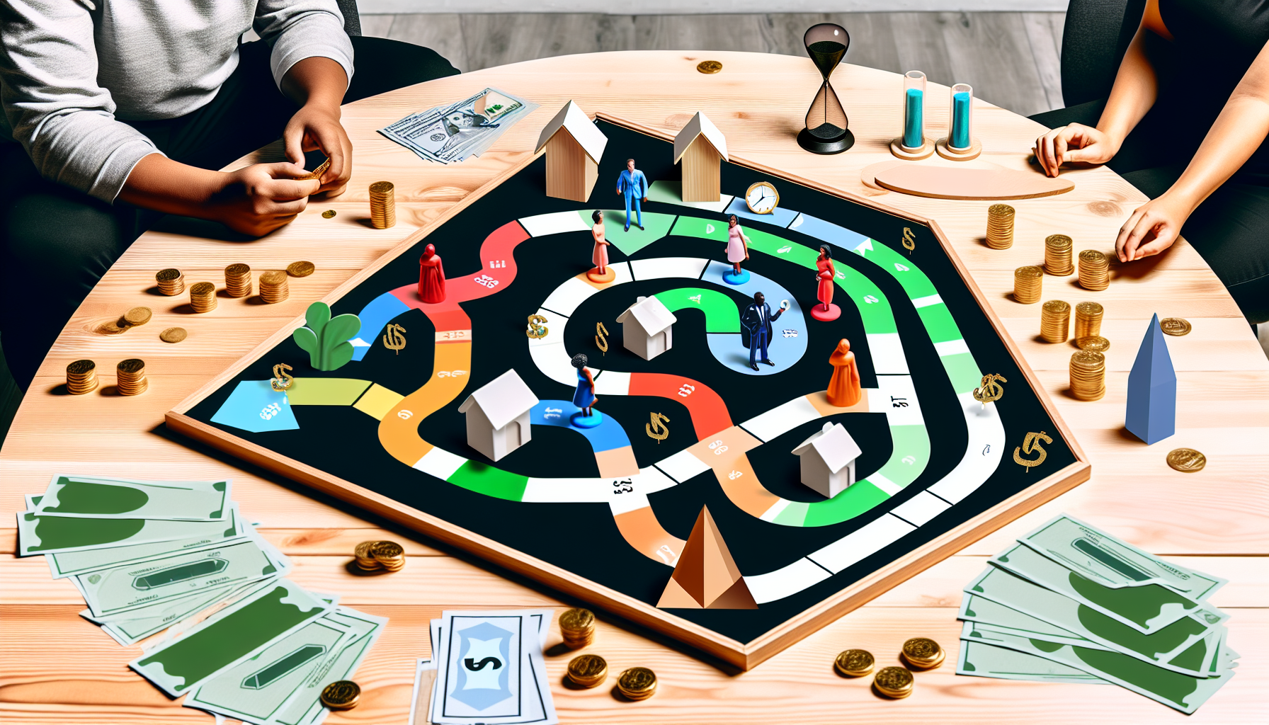 Eine Visualisierung des Konzepts des passiven Einkommens durch Strategie. Auf einem Holztisch liegt ein groÃŸes Brettspiel. Auf dem Spielbrett befinden sich kleine Figuren, die verschiedene Investitionen wie Immobilien, Aktien und Anleihen reprÃ¤sentieren. Es gibt auch einen abstrakten Pfad, der eine Reise mit verschiedenen Entscheidungen symbolisiert. Neben dem Spiel stehen Stapel aus GoldmÃ¼nzen und Papiergeld, die das verdiente Einkommen darstellen, und eine Sanduhr lÃ¤uft ab, was den Zeitverlauf anzeigt. Ein kaukasischer Mann und eine schwarze Frau diskutieren und planen ihre nÃ¤chsten ZÃ¼ge auf dem Brett.