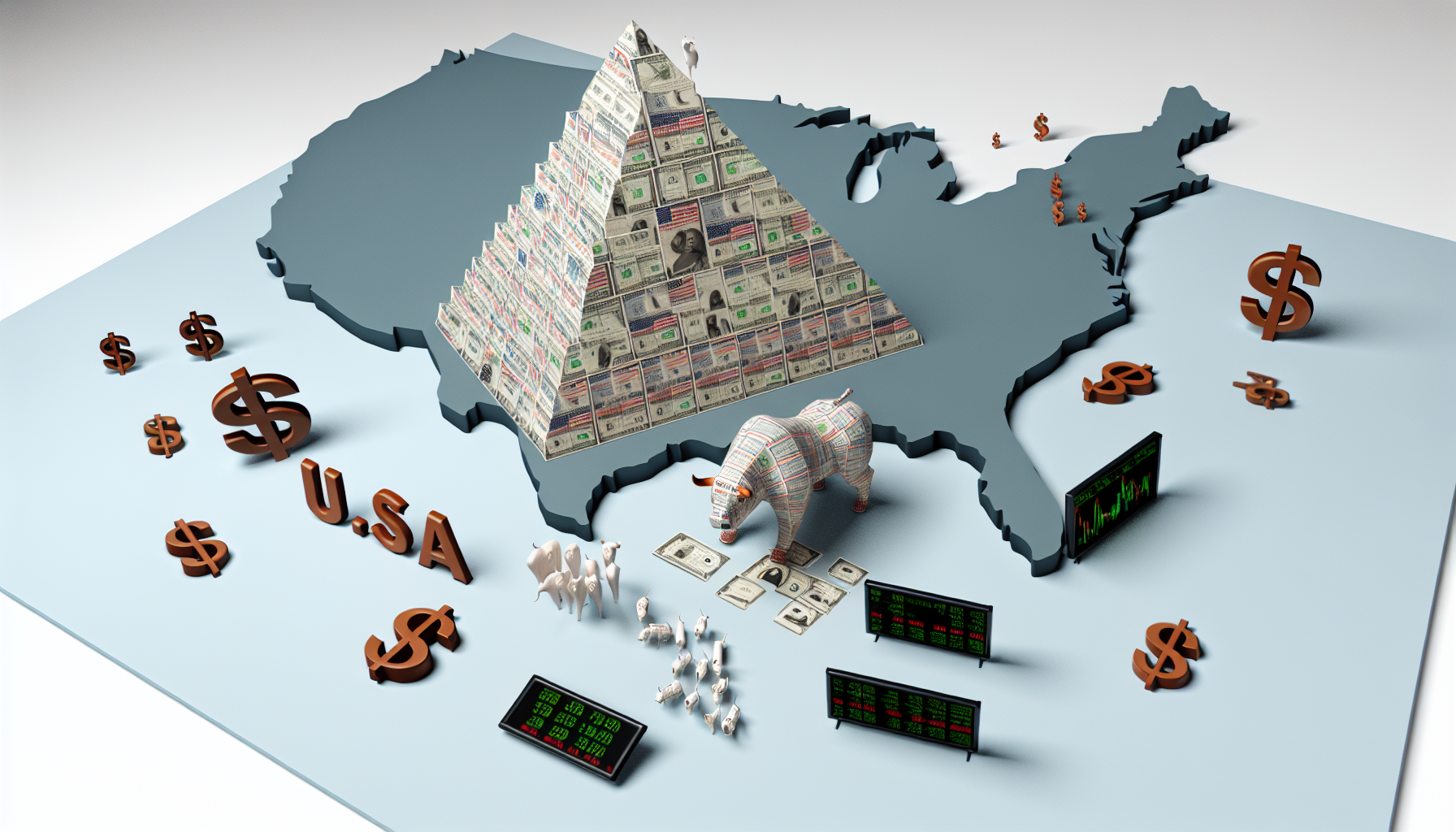 Eine Illustration eines amerikanischen Aktienfonds, dargestellt als symbolische Pyramidenstruktur, die aus Miniatur-Aktienzertifikaten und Diagrammen gefertigt ist. Die Pyramide schwebt Ã¼ber einer Karte der Vereinigten Staaten, um ihre Verbindung zum amerikanischen Aktienmarkt zu symbolisieren. Bemerkenswerte Symbole, die mit Finanzen in Verbindung stehen, wie Dollarzeichen, kleine Bullen- und BÃ¤renfiguren sowie eine Aktienkursanzeige umgeben die Szene.