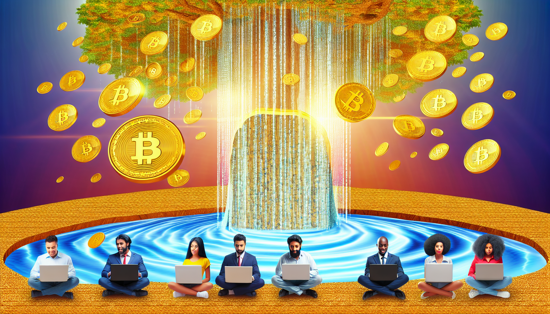 Ein Bild, das das Konzept des passiven Einkommens mit digitalen Vermögenswerten zeigt. Die Szene besteht aus Bits und Bytes, die wie ein Fluss in eine digitale Brieftasche fließen und Kryptowährungen symbolisieren. An den Ufern dieses digitalen Flusses überwacht eine vielfältige Gruppe von Personen, darunter ein Mann aus dem Nahen Osten, eine hispanische Frau, eine südasiatische Frau und ein schwarzer Mann, alle auf ihren Laptops, was verschiedene Aktivitäten wie Handel, Mining, Staking oder einfach das Halten digitaler Vermögenswerte darstellt. Sie stehen alle unter einem goldenen Baum, der finanzielles Wachstum und Wohlstand repräsentiert.