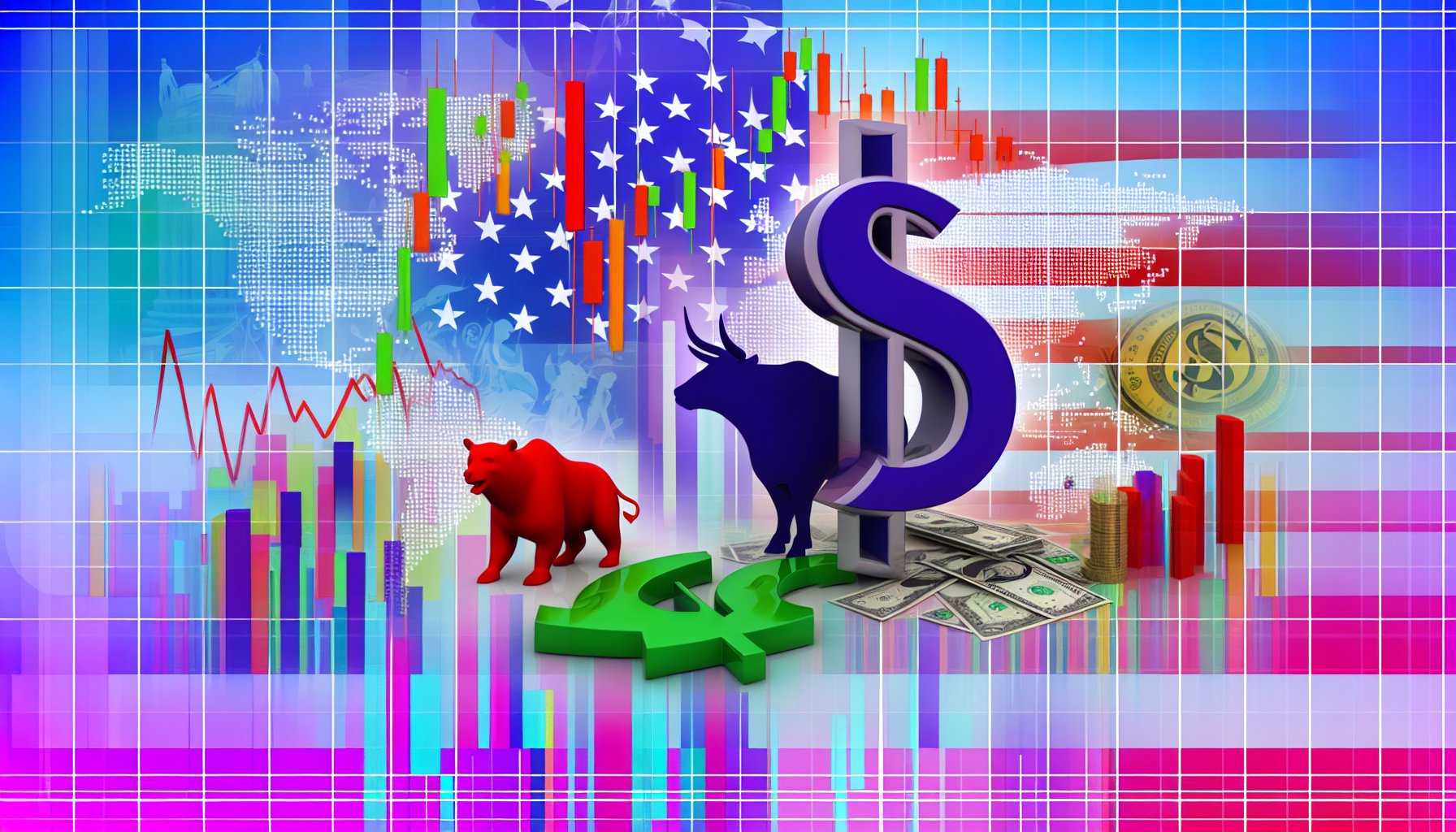 Ein farbenfrohes Bild, das einen US-Aktienfonds reprÃ¤sentiert und die Idee vielfÃ¤ltiger Investitionen in amerikanische Unternehmen verkÃ¶rpert. Das Bild sollte symbolische Elemente der Finanzen enthalten, wie Aktienmarktgrafiken, Dollar-Symbole sowie einen Bullen und einen BÃ¤ren, um die Schwankungen des Marktes darzustellen. Im Hintergrund sollte eine Landschaft mit bekannten amerikanischen Wahrzeichen zu sehen sein, um die spezifische Beziehung zu den USA zu verdeutlichen. Bitte vermeiden Sie die Darstellung von spezifischen Unternehmenslogos oder -namen.