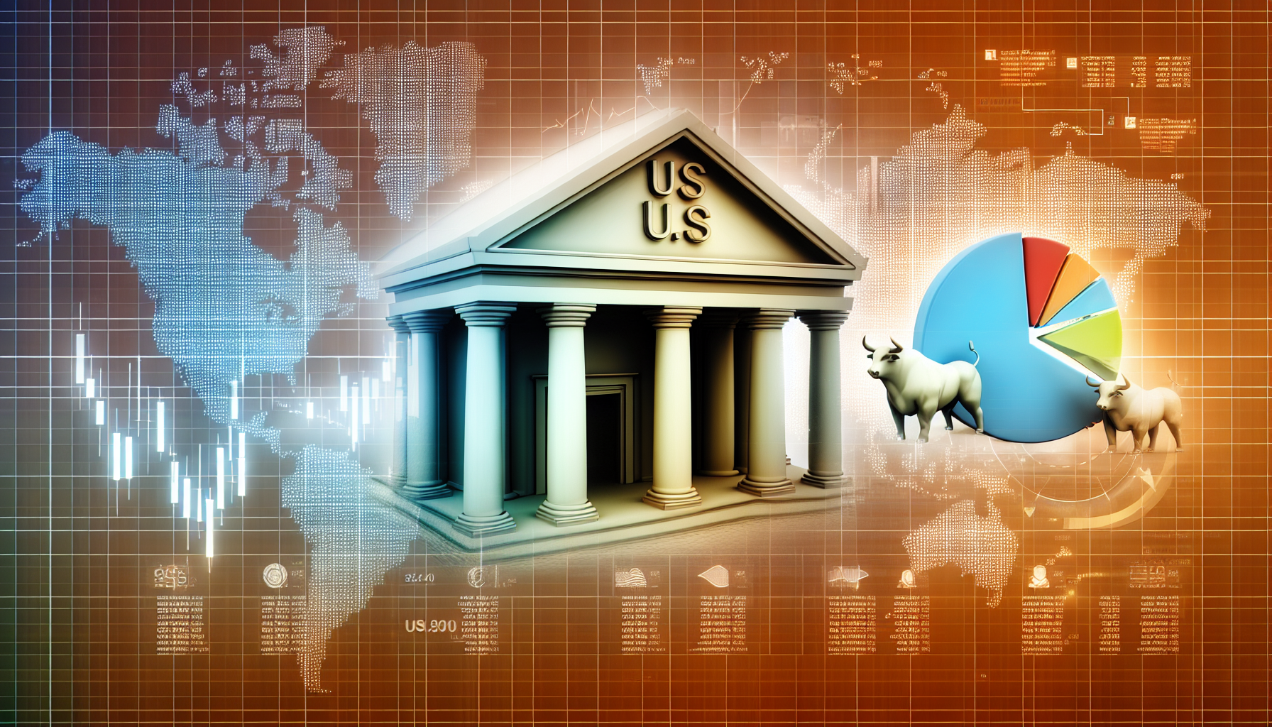 Ein finanziell thematisches Bild, das US-Aktienfonds repr&Atilde;&curren;sentiert. Das Bild ist durchdrungen von reichen symbolischen Elementen der Finanzen und Investitionen, wie Aktienmarktgrafiken, den Symbolen von Bullen und B&Atilde;&curren;ren, die Markttrends darstellen, und einer metaphorischen Darstellung eines Fonds durch ein gut gebautes Geb&Atilde;&curren;ude. Ein schwebendes Tortendiagramm zeigt verschiedene Sektoren innerhalb des Portfolios des Fonds. Alle Elemente sind mit einer professionellen und anspruchsvollen &Atilde;„sthetik gestaltet.