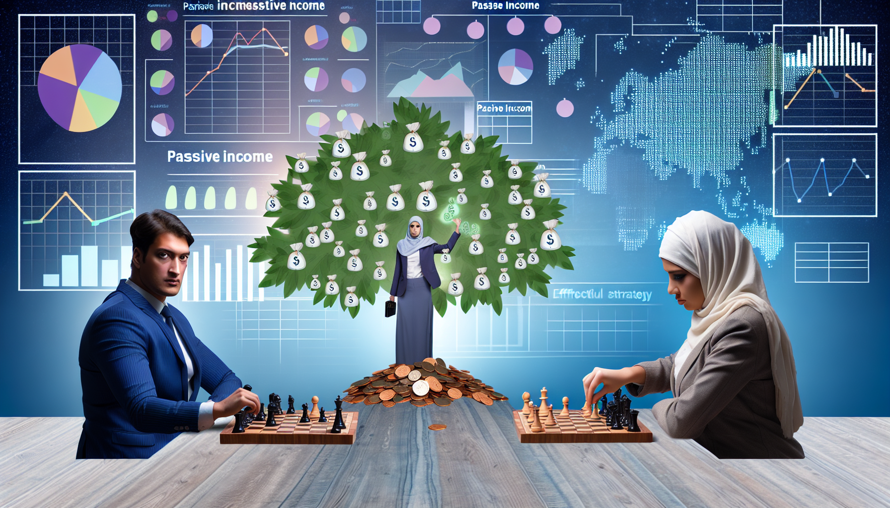 Eine visuelle Darstellung von passivem Einkommen, das durch Strategie generiert wird. Auf dem Bild sehen wir einen kaukasischen Mann und eine mittelÃ¶stliche Frau, die Schach spielen, was Strategie symbolisiert. Hinter ihnen wÃ¤chst ein Baum mit MÃ¼nzen anstelle von BlÃ¤ttern, was das Wachstum des passiven Einkommens darstellt. Sie befinden sich in einem Raum, der mit Grafiken, Diagrammen und Charts gefÃ¼llt ist, was die Nutzung von Daten und effektiven Strategien zur Erreichung finanzieller ProsperitÃ¤t anzeigt.