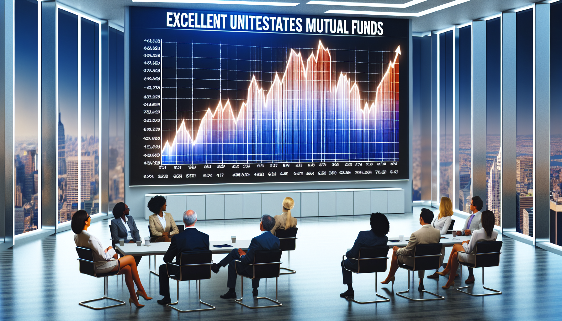 Eine Visualisierung ausgezeichneter Aktienfonds in den Vereinigten Staaten. Das Bild ist in einem gut ausgestatteten, modernen B&Atilde;&frac14;ro in einer pulsierenden Stadt angesiedelt. Im Vordergrund des Bildes befindet sich ein gro&Atilde;Ÿer LED-Bildschirm, der ein Liniendiagramm mit aufsteigenden Trends zeigt, die die erfolgreichen Aktienfonds repr&Atilde;&curren;sentieren. In der N&Atilde;&curren;he stehen diverse Investoren unterschiedlichen Alters und Geschlechts, einige kaukasisch, einige schwarz, andere hispanisch, die den Bildschirm mit intensiver Konzentration und Zufriedenheit betrachten. Beachten Sie ihre formelle Gesch&Atilde;&curren;ftskleidung und die allgemeine Atmosph&Atilde;&curren;re des finanziellen Umfelds.