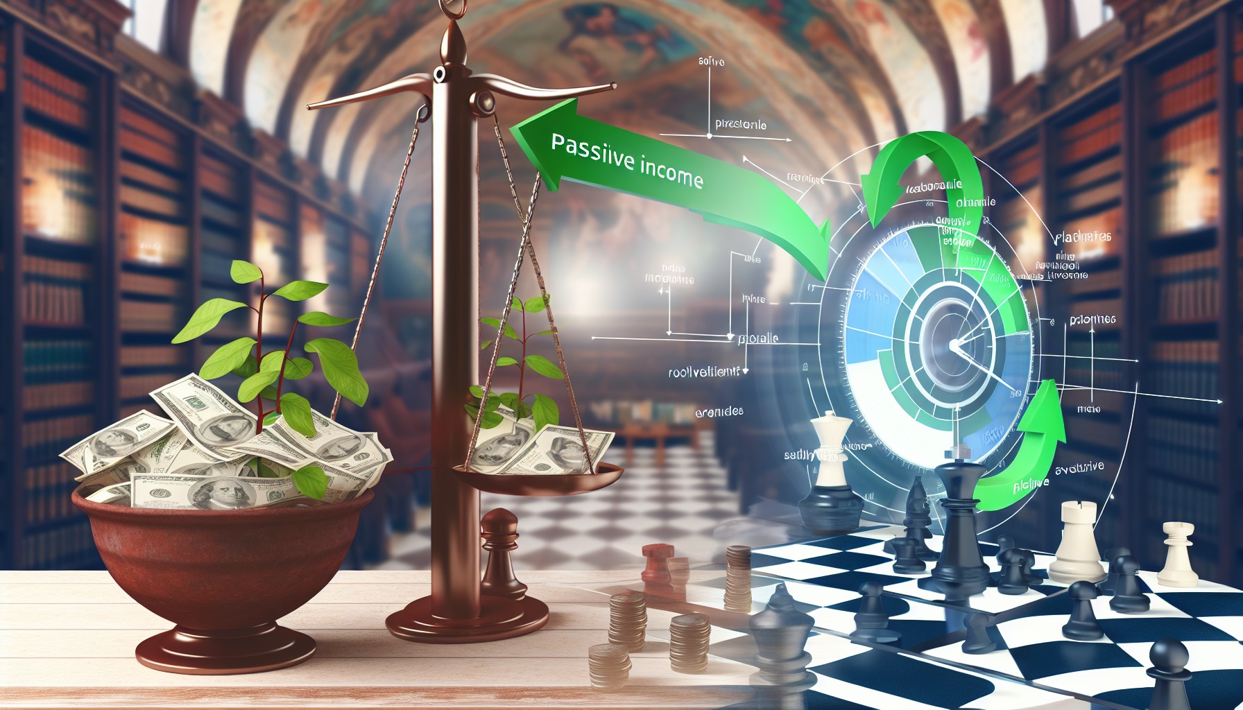 Eine Konzeptvisualisierung von passivem Einkommen, das durch strategische Planung ermÃ¶glicht wird. Im Mittelpunkt steht eine ausgewogene Waage, die finanzielle Einnahmen und Ausgaben misst, ein Richtungs-Kompass, der verschiedene InvestitionsmÃ¶glichkeiten zeigt, und ein Schachbrett, das strategische Entscheidungen darstellt. In der NÃ¤he wÃ¤chst eine Geldranke aus einem Topf, die ein stetiges passives Einkommen symbolisiert. Im Hintergrund verzweigen sich mehrere Wege, die unterschiedliche finanzielle Entscheidungen und deren Ergebnisse reprÃ¤sentieren. Die Szene spielt sich in einem aufwendigen Arbeitszimmer ab, das Weisheit und sorgfÃ¤ltige Planung suggeriert.
