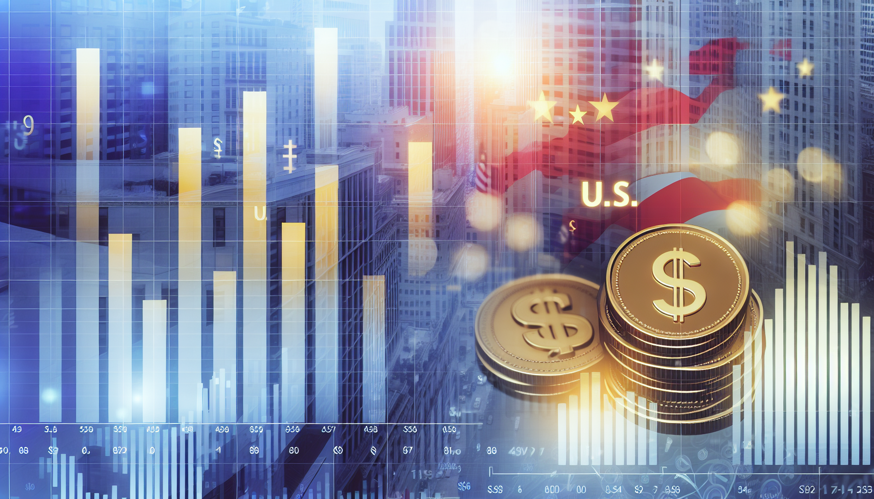 Ein beeindruckendes Bild, das das Konzept von US-Aktienfonds zeigt, mÃ¶glicherweise mehrere Balkendiagramme, die einen positiven Trend anzeigen, sowie MÃ¼nzen und WÃ¤hrungssymbole wie das Dollarzeichen. Der Hintergrund deutet auf Finanzen und Investitionen hin. Die AtmosphÃ¤re ist die eines geschÃ¤ftigen Finanzviertels, mit Symbolen, die Wachstum und Wohlstand reprÃ¤sentieren.
