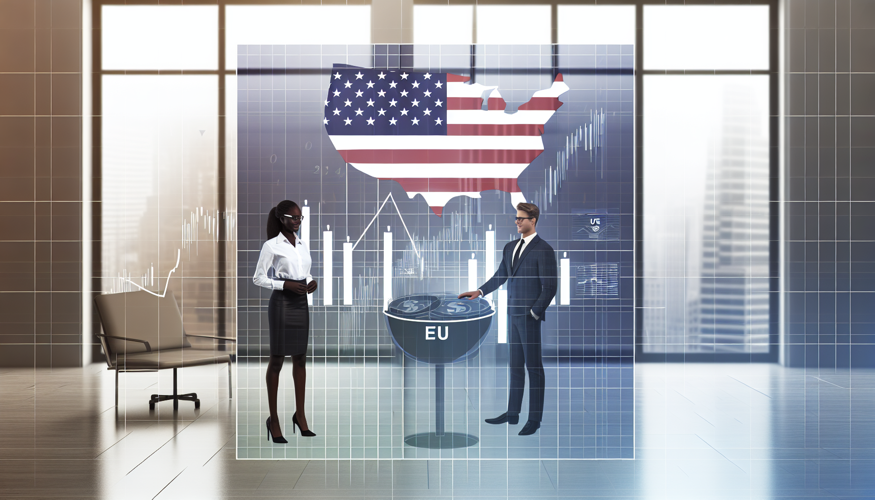 Eine Illustration des Konzepts eines US-Aktienfonds. Dies kÃ¶nnte eine Zusammenstellung verschiedener Elemente sein, wie ein Diagramm, das den Anstieg und Fall von Aktien zeigt, die amerikanische Flagge, vielleicht ein paar Finanzcharaktere, die die Trends diskutieren. Die Charaktere sollten eine schwarze Frau und einen kaukasischen Mann sein, beide professionell in Businesskleidung gekleidet, die Daten auf einer digitalen Schnittstelle analysieren. Der Hintergrund kÃ¶nnte eine einfache BÃ¼roumgebung sein, mit Fenstern, die eine Stadtlandschaft mit Wolkenkratzern zeigen, um das Finanzzentrum darzustellen.