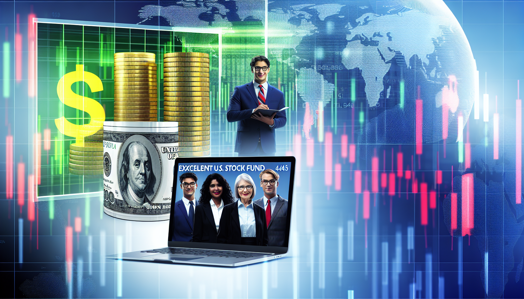 Ein hervorragender US-Aktienfonds, dargestellt als ein Stapel M&Atilde;&frac14;nzen und Dollar-Scheine, vor einem detaillierten Hintergrund eines anspruchsvollen digitalen Aktienmarktes. Der Bildschirm zeigt lebendige Farben in Gr&Atilde;&frac14;n und Rot, die die Aktienperformance widerspiegeln. Eine vielf&Atilde;&curren;ltige Gruppe von Gesch&Atilde;&curren;ftsleuten &acirc;€“ eine s&Atilde;&frac14;dasianische Frau, ein hispanischer Mann und eine kaukasische Frau &acirc;€“ analysiert das Diagramm, neben einem Laptop, der Finanzdaten anzeigt.