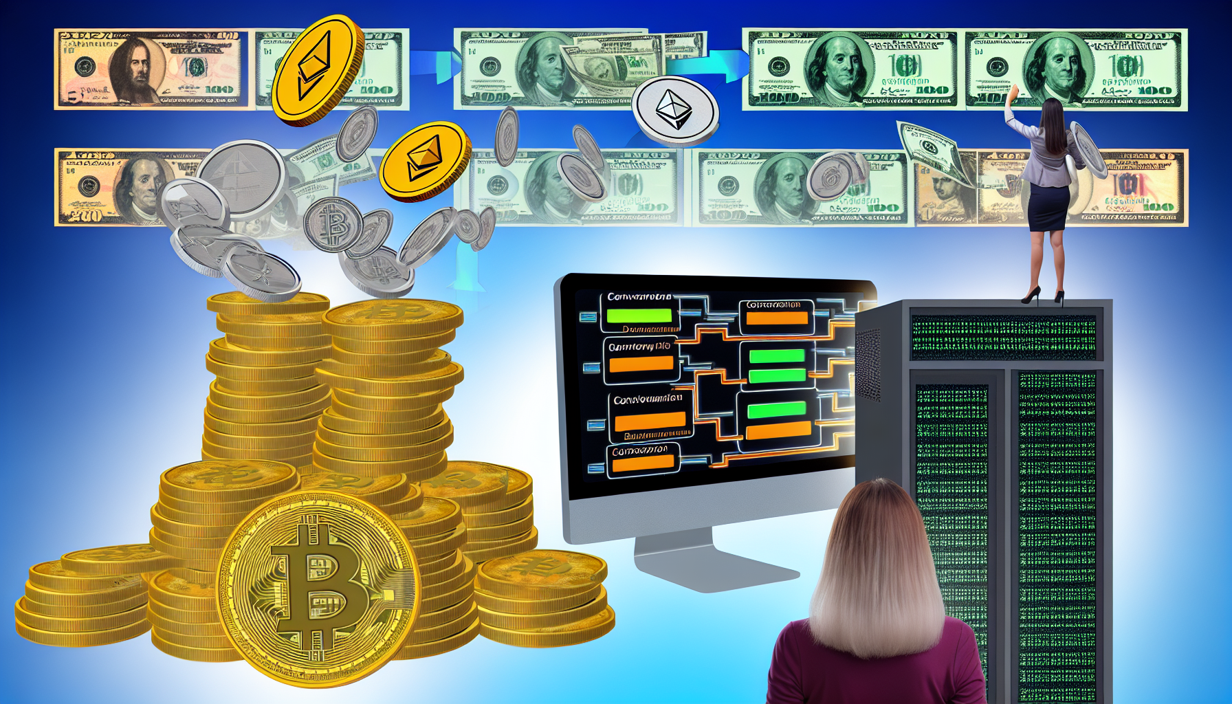 Eine beschreibende Darstellung der Generierung von passivem Einkommen mit digitalen Vermögenswerten. Münzen, die verschiedene Kryptowährungen wie Bitcoin und Ethereum symbolisieren, häufen sich an, während ein Computer im Hintergrund Algorithmen ausführt. Dollar-Bills werden kontinuierlich von einer anderen Maschine gedruckt, was die Umwandlung digitaler Vermögenswerte in echtes Geld symbolisiert. Eine kaukasische Frau überwacht die Systeme, während ein südasianischer Mann an den Algorithmen auf dem Computer arbeitet.