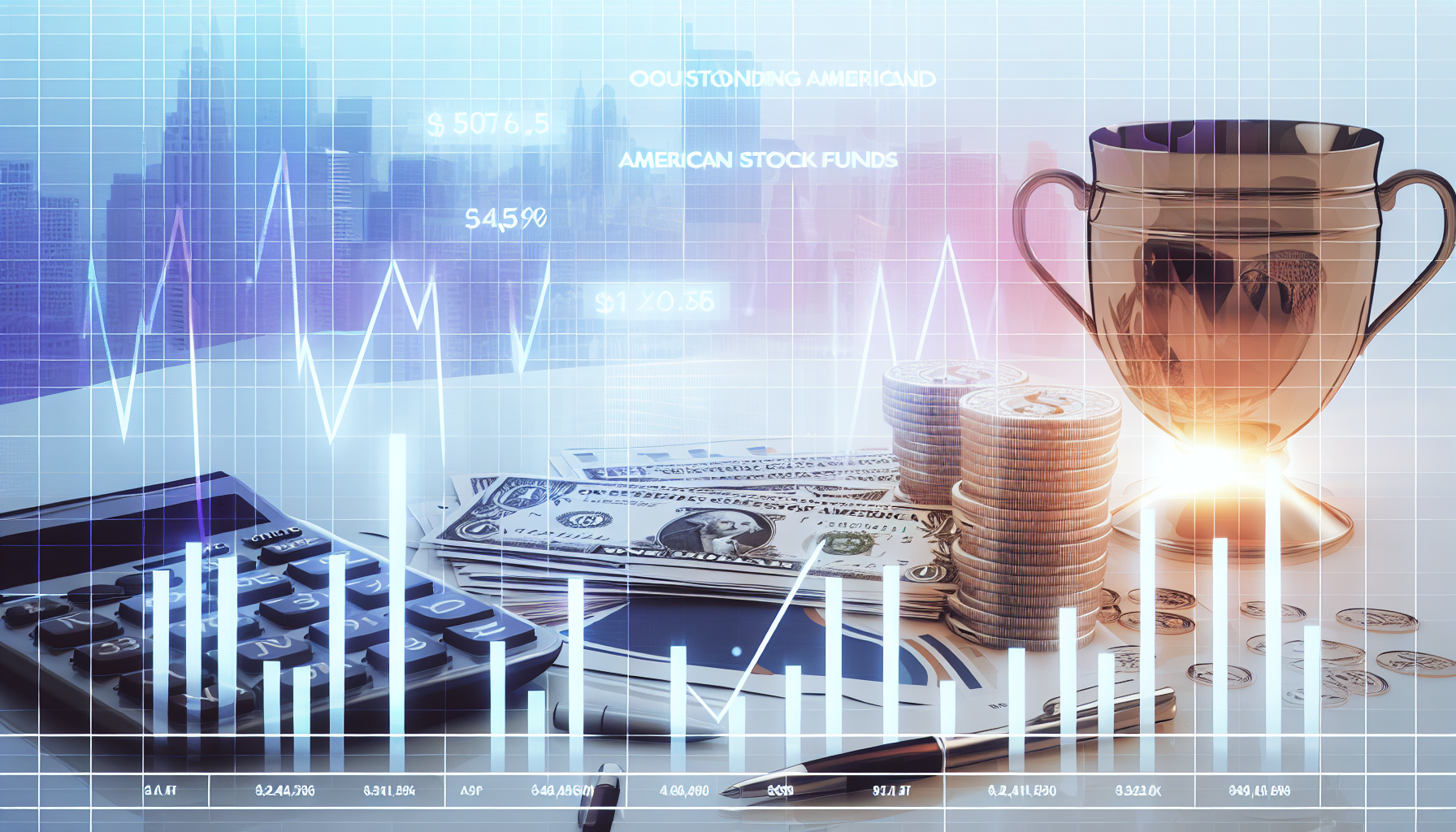 Eine Darstellung herausragender amerikanischer Aktienfonds. Zeigen Sie ein Diagramm, das die steigenden Trends dieser Fonds anzeigt, mit Stapeln von Münzen und Dollar-Scheinen daneben, um den finanziellen Aspekt darzustellen. Integrieren Sie in die Szene einen Schreibtisch mit einem Stift, einem Taschenrechner und einem Blatt Papier, das finanzielle Fachbegriffe zeigt, um ein Gefühl von Professionalität und Fleiß zu vermitteln. Fügen Sie im Hintergrund eine große Stadt-Skyline hinzu – ein Synonym für geschäftige Geschäftsviertel – für eine insgesamt beeindruckende finanzielle Angelegenheit.